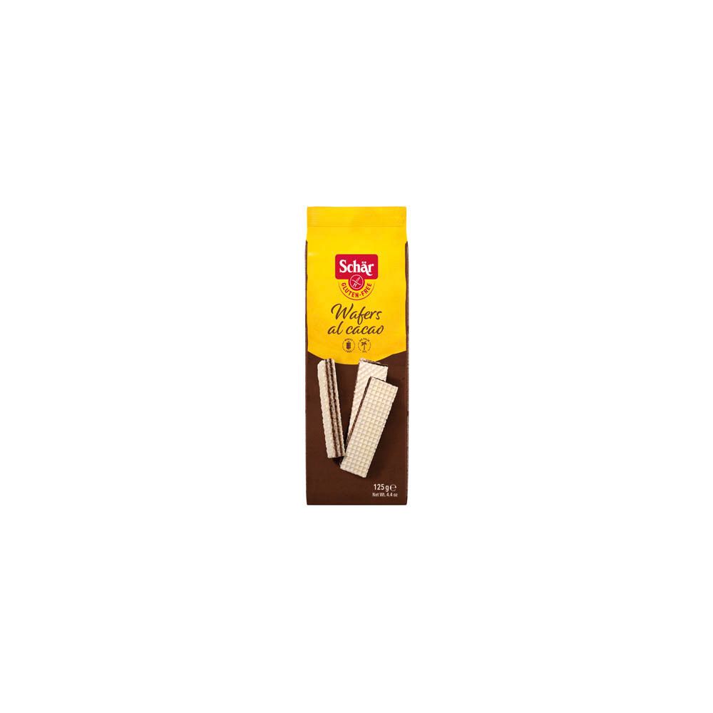 Schär Wafer Pocket verpakking. Geopende wafel toont vulling. Glutenvrij logo. Opschrift: Wafer al cacao.