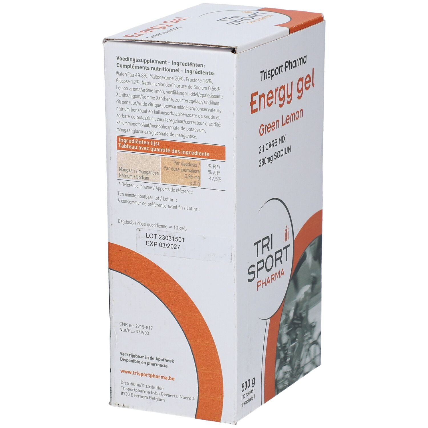 Boîte en carton avec informations produit. Inscription: Energy gel Green Lemon, 2:1 CARB MIX, 280mg SODIUM. Marque: Trisport Pharma. Ingrédients au dos.