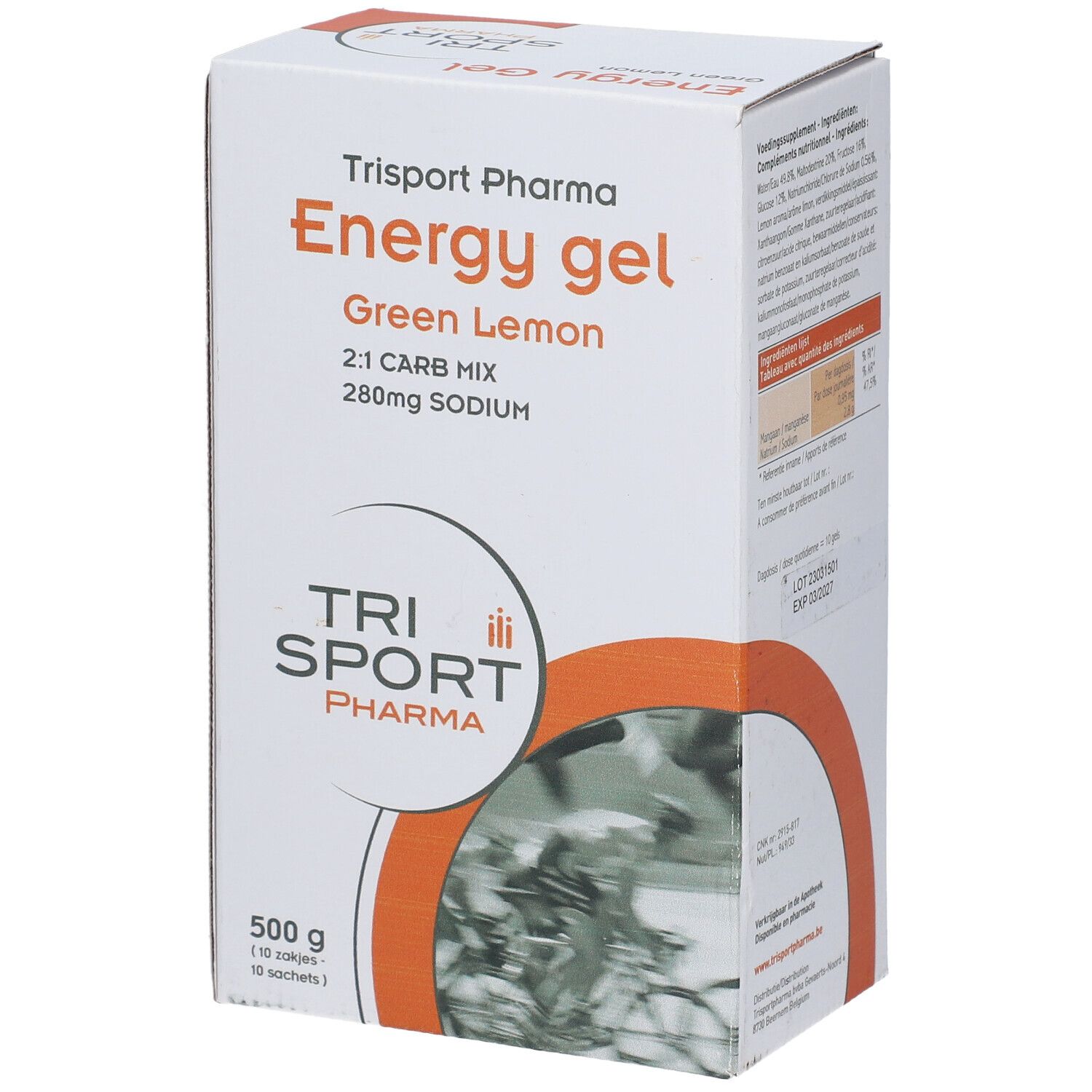Boîte en carton avec informations produit. Inscription: Energy gel Green Lemon, 2:1 CARB MIX, 280mg SODIUM. Marque: Trisport Pharma. Vue latérale.