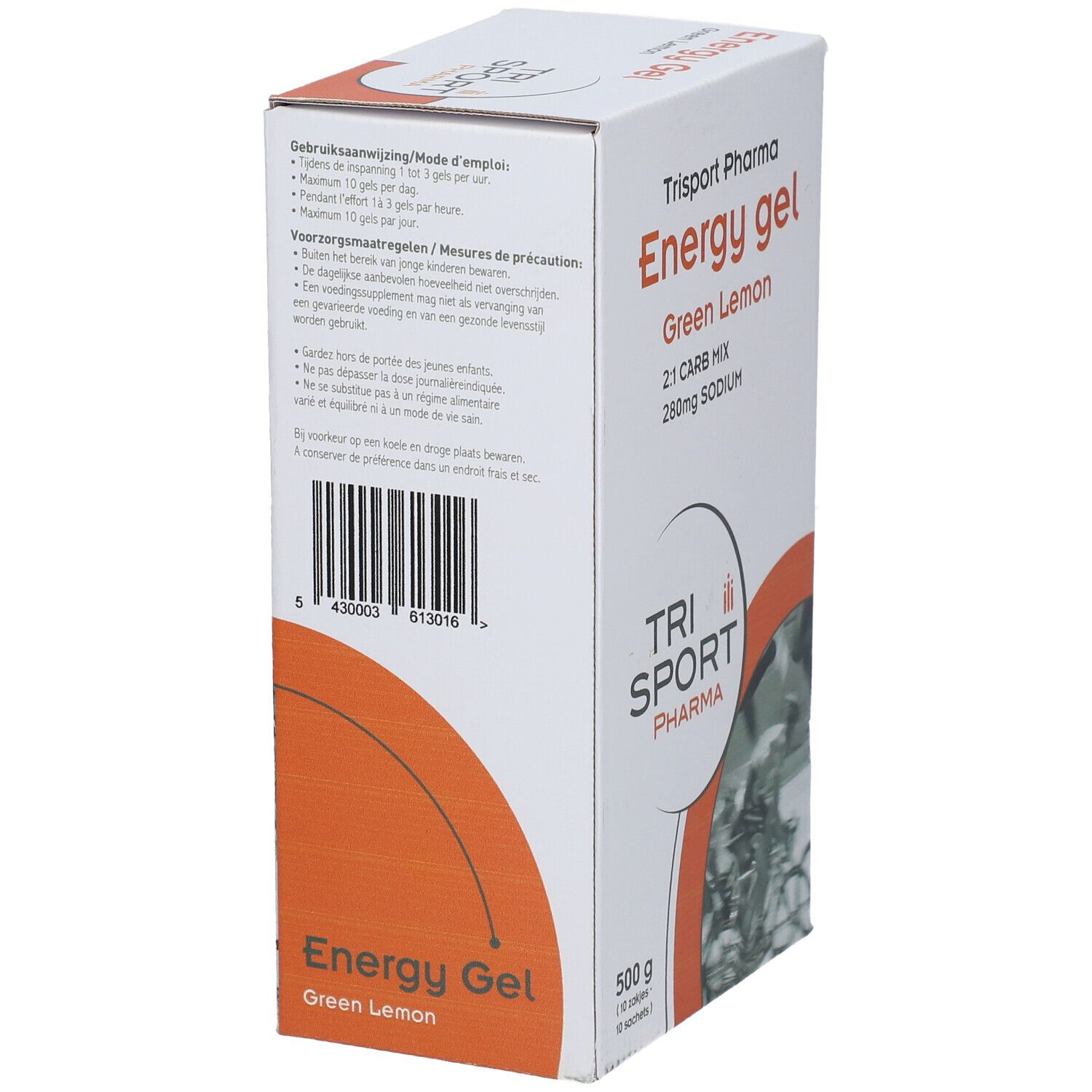 Boîte en carton avec informations produit. Inscription: Energy gel Green Lemon, 2:1 CARB MIX, 280mg SODIUM. Marque: Trisport Pharma. Mode d'emploi.
