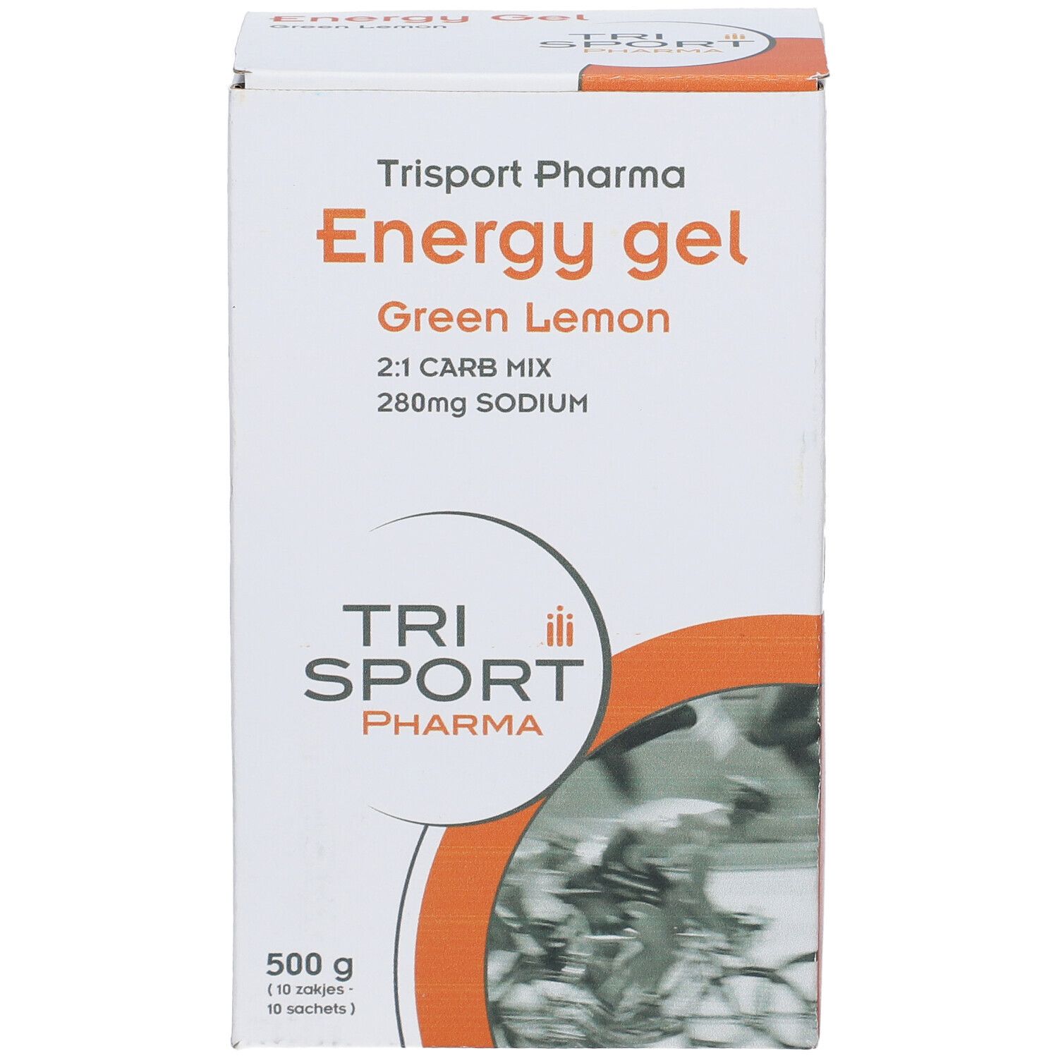 Boîte en carton avec informations produit. Inscription: Energy gel Green Lemon, 2:1 CARB MIX, 280mg SODIUM. Marque: Trisport Pharma. Vue de face.