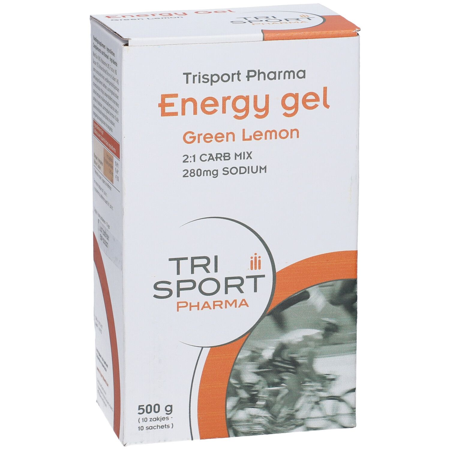 Boîte en carton avec informations produit. Inscription: Energy gel Green Lemon, 2:1 CARB MIX, 280mg SODIUM. Marque: Trisport Pharma. Vue latérale.