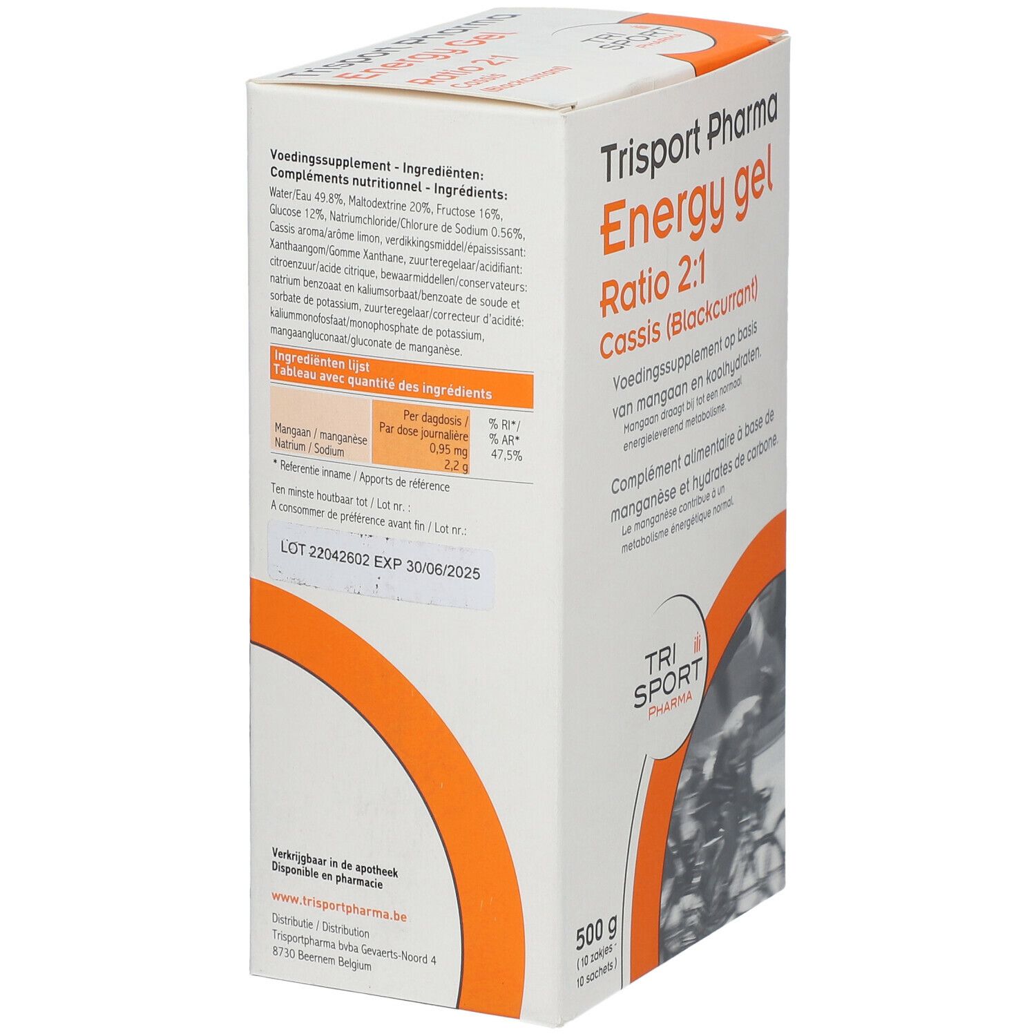 Boîte avec liste des ingrédients. Inscription: Energy gel Ratio 2:1 Cassis. Marque: Trisport Pharma. 500g, 10 sachets. Date limite.