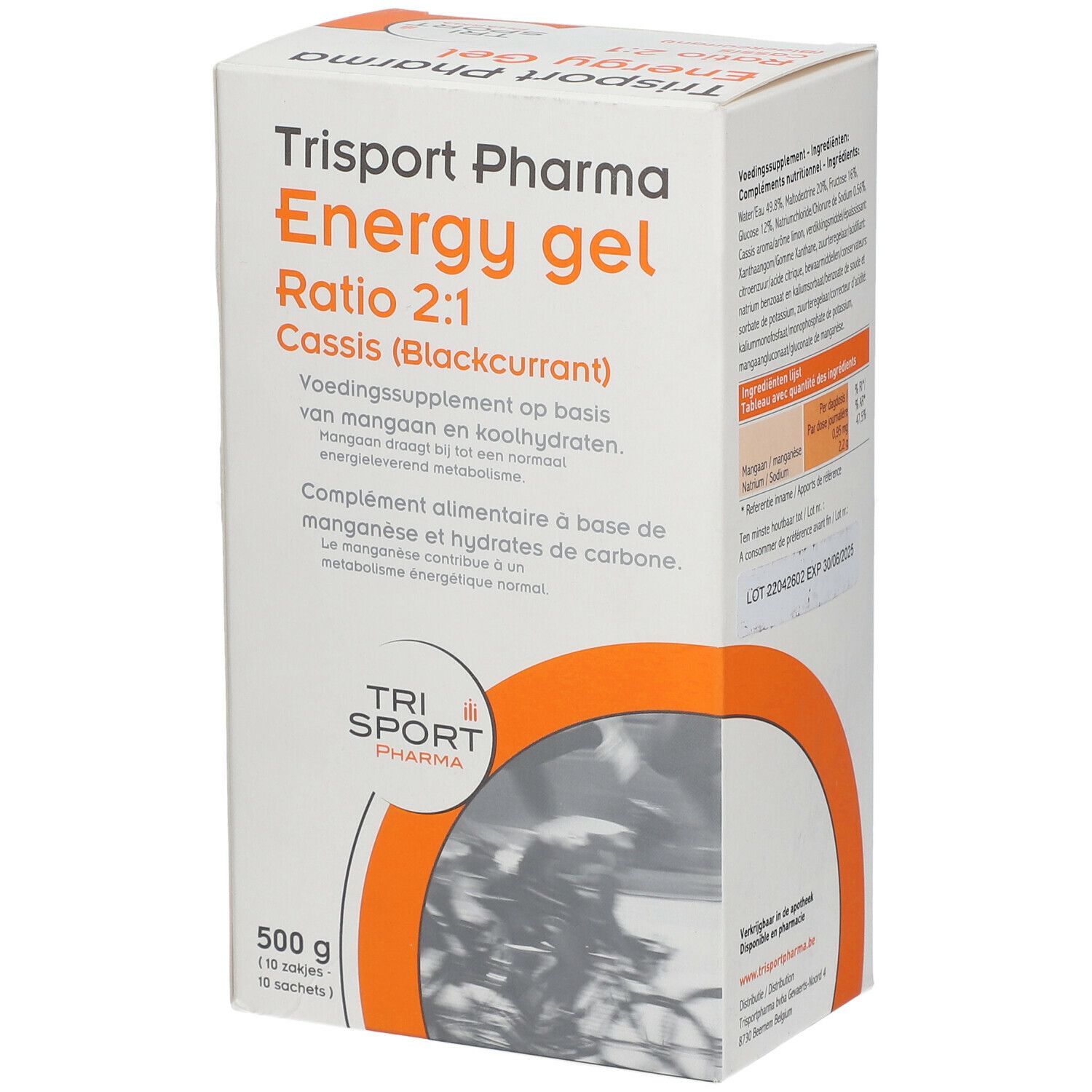 Boîte avec informations produit. Inscription: Energy gel Ratio 2:1 Cassis. Marque: Trisport Pharma. 500g, 10 sachets. Arrière.