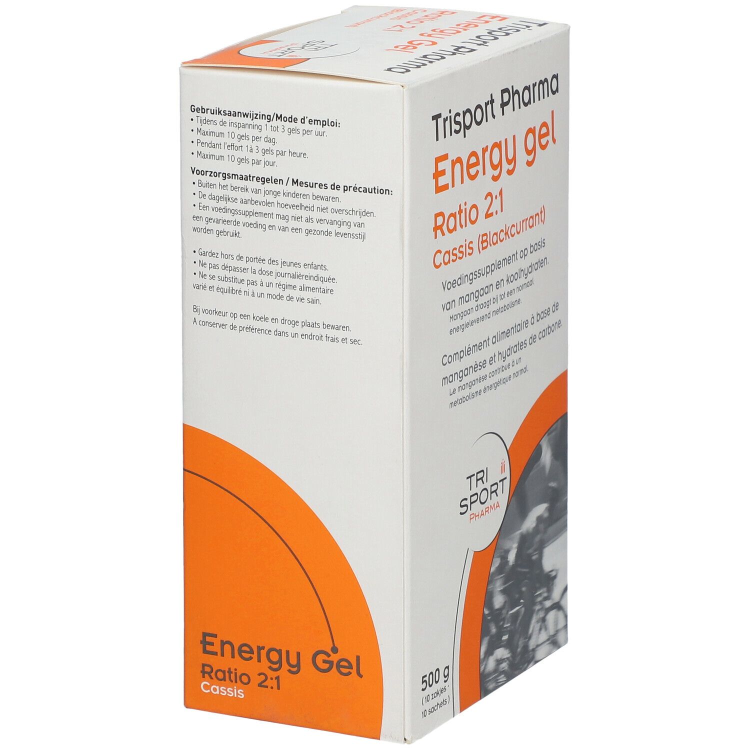 Boîte avec mode d'emploi. Inscription: Energy gel Ratio 2:1 Cassis. Marque: Trisport Pharma. 500g, 10 sachets. Côté.