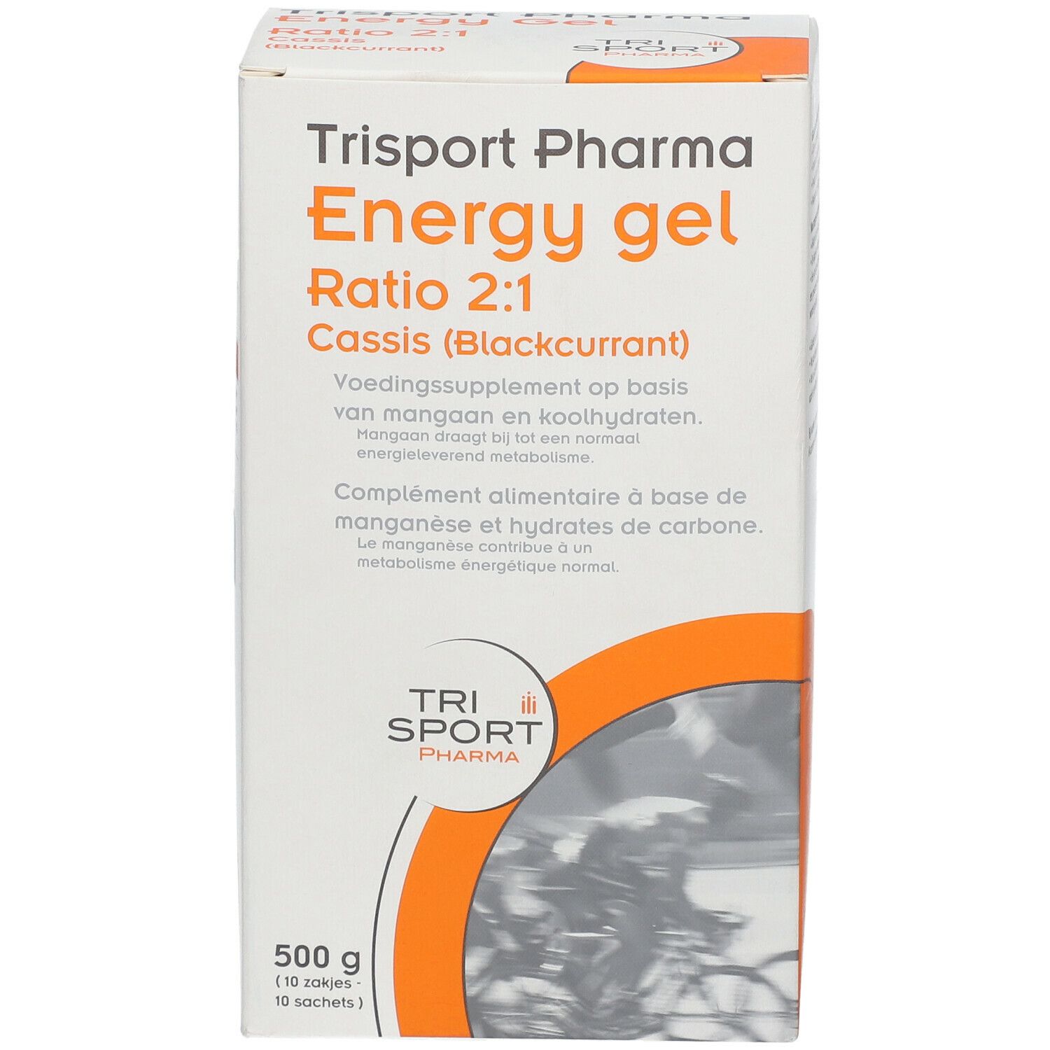 Boîte avec informations produit. Inscription: Energy gel Ratio 2:1 Cassis. Marque: Trisport Pharma. 500g, 10 sachets. Face avant.