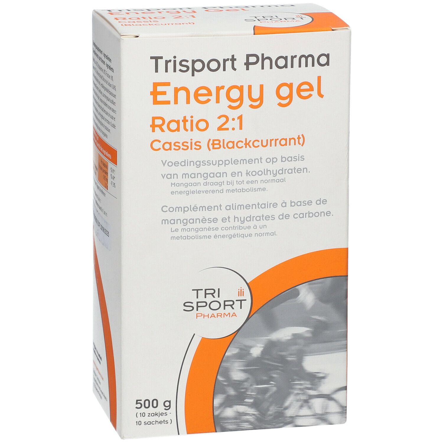 Boîte avec informations produit. Inscription: Energy gel Ratio 2:1 Cassis. Marque: Trisport Pharma. 500g, 10 sachets. Face avant.