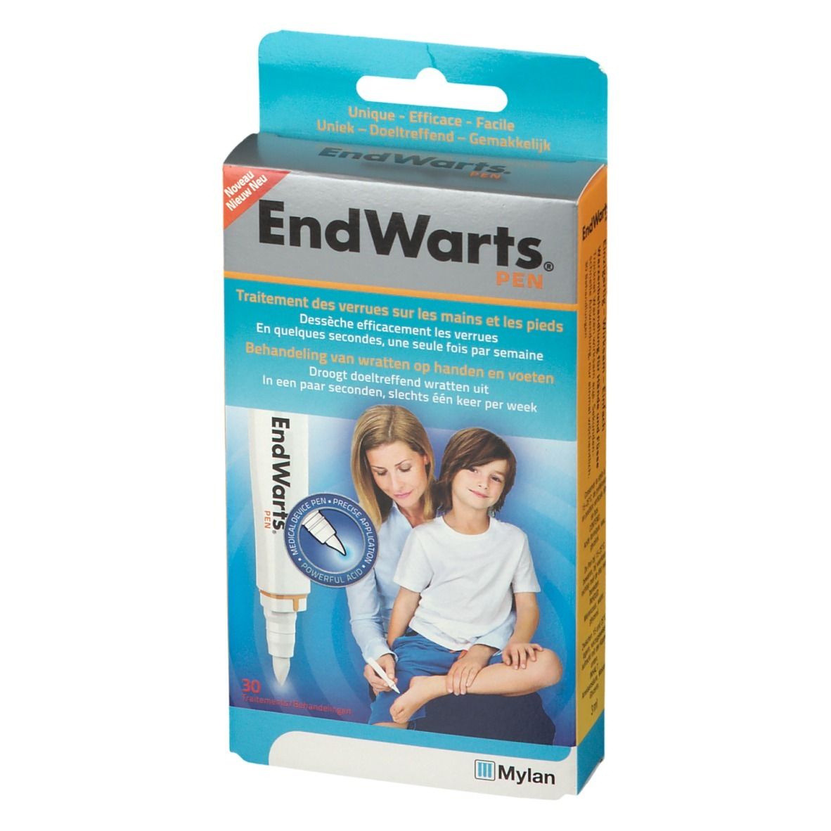 EndWarts-verpakking. Doos met productafbeelding en tekst. Bevat 30 toepassingen. Mylan-logo.