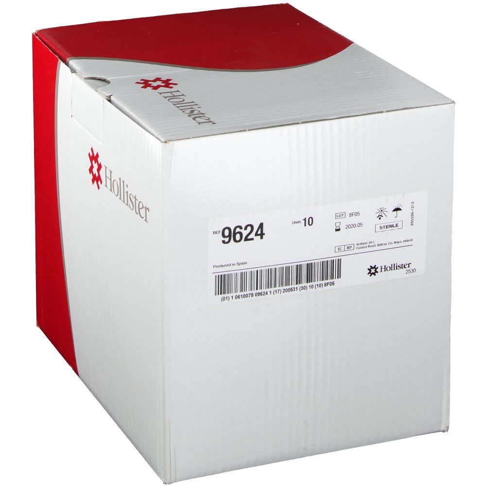 Hollister-Karton, weiß und rot. Produktinformationen und Barcode. Ref. 9624, sterile Verpackung.