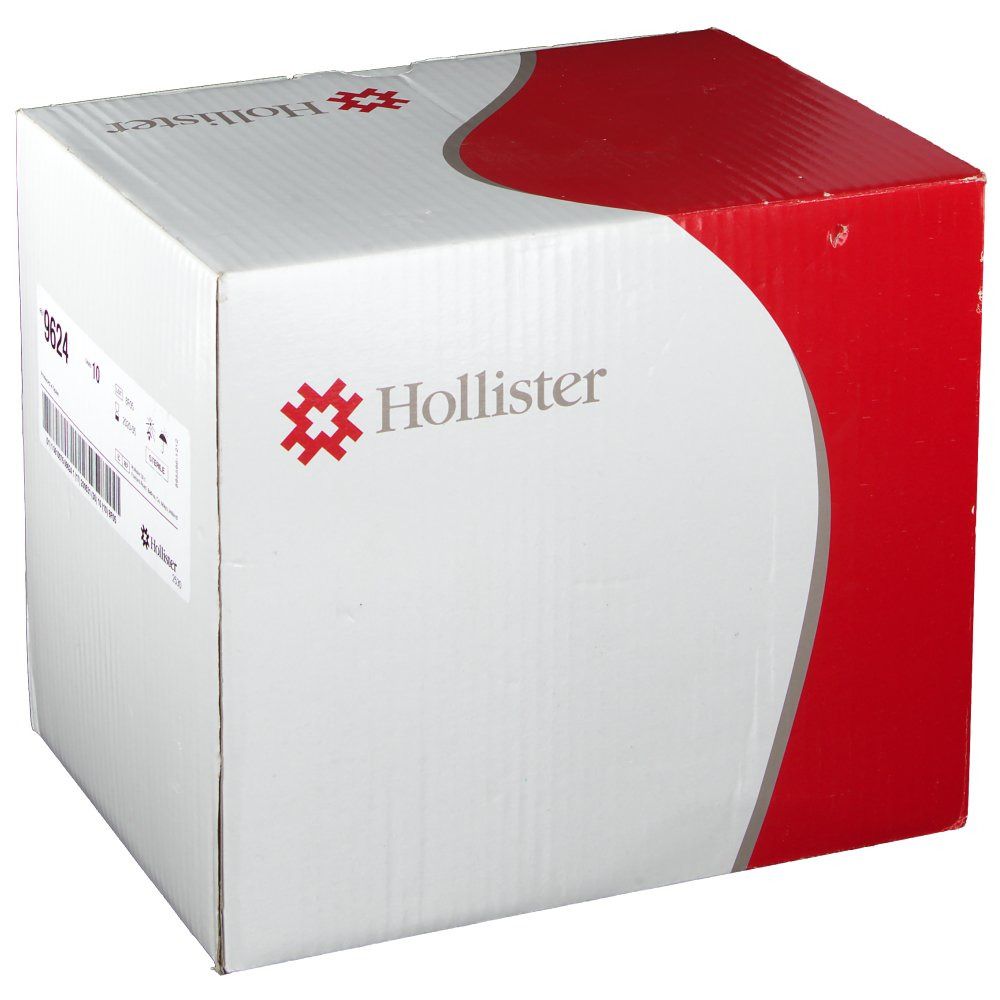 Hollister-Karton, weiß und rot. Logo und Produktinformationen. Ref. 9624. Sterile Verpackung.