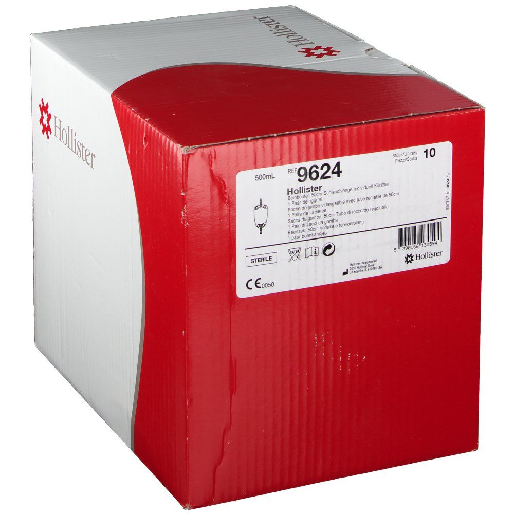 Hollister-Karton, weiß und rot. Produktinformationen, Ref. 9624. Sterile Verpackung. Medizinprodukt.