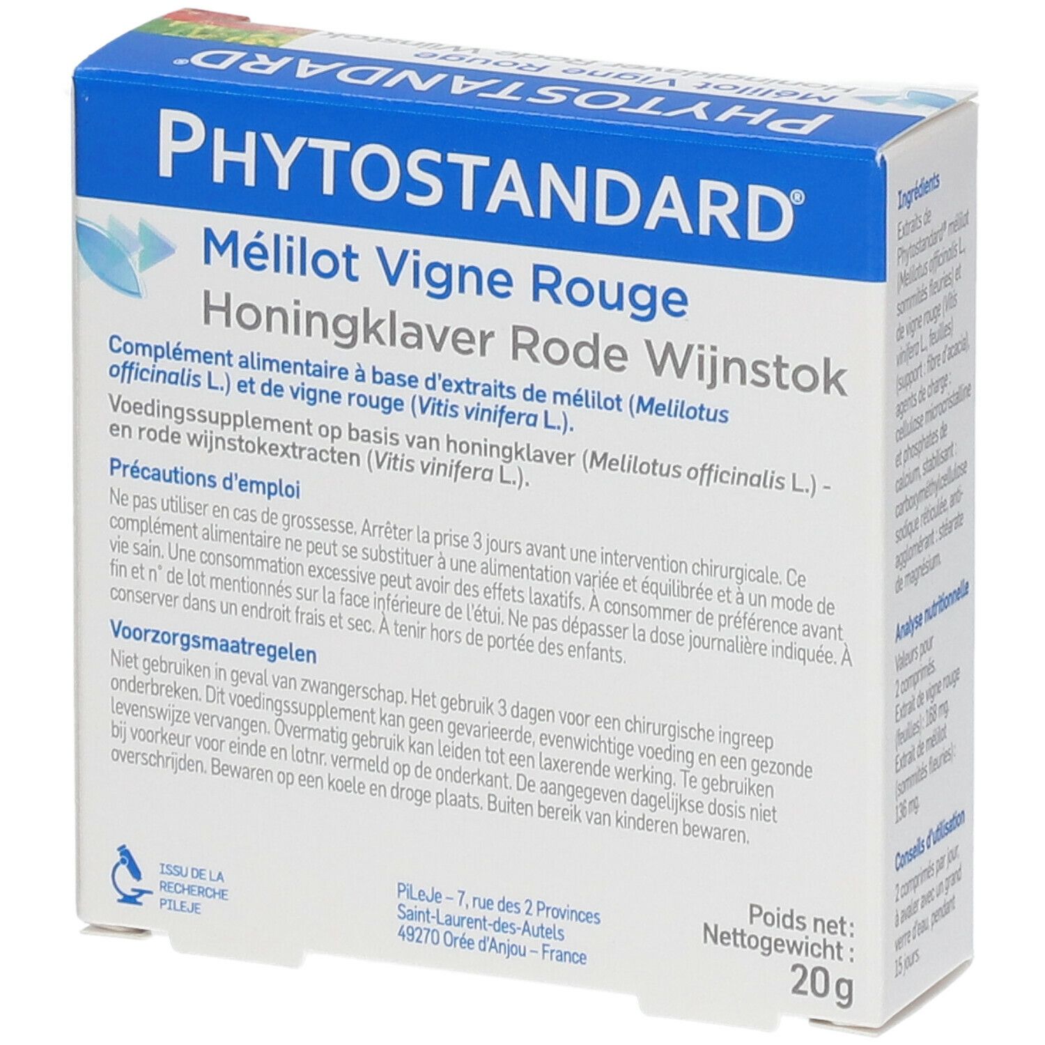 Boîte de comprimés, dos. Inscription: PHYTOSTANDAR, Mélilot Vigne Rouge, Honingklaver Rode Wijnstok. Poids net 20g.