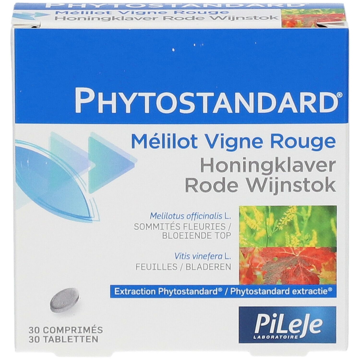 Boîte de comprimés. Inscription: PHYTOSTANDAR, Mélilot Vigne Rouge, Honingklaver Rode Wijnstok. 30 comprimés.