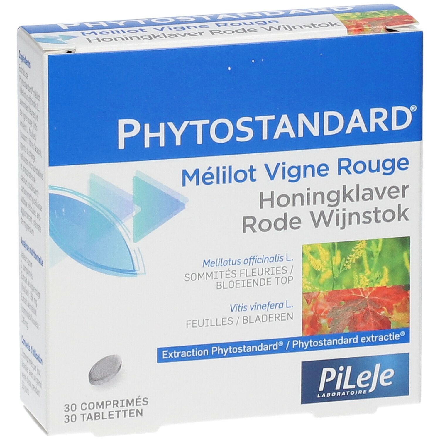 Boîte de comprimés. Inscription: PHYTOSTANDAR, Mélilot Vigne Rouge, Honingklaver Rode Wijnstok. 30 comprimés.