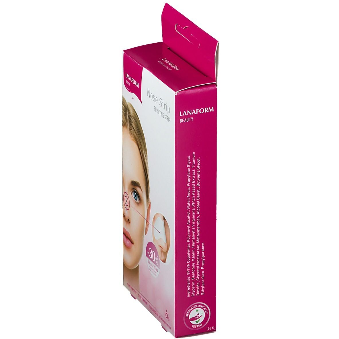Vue latérale de la boîte Lanaform Nose Strip. Inscription : "Nose Strip Purifying Strip". Ingrédients et logo.