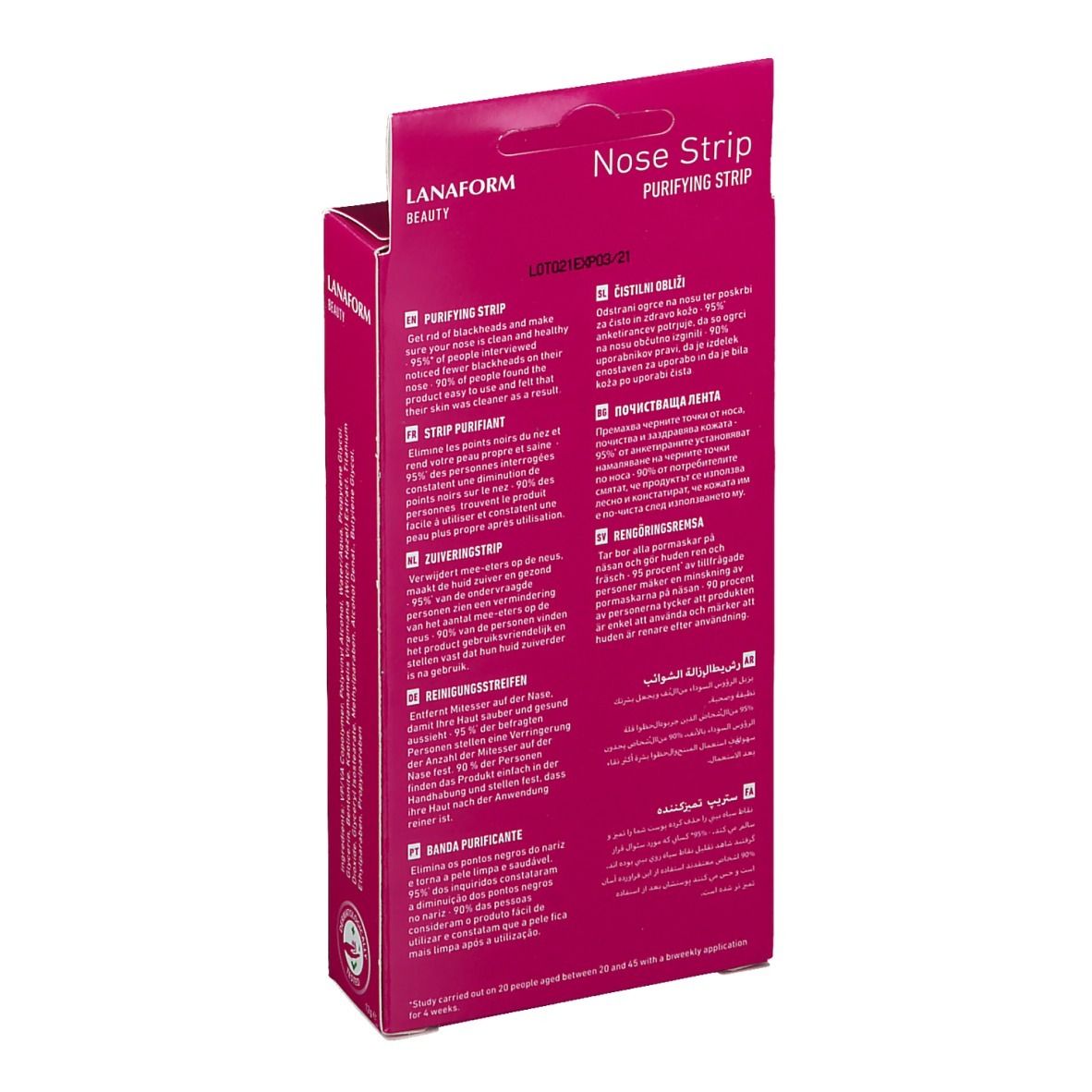 Dos de la boîte Lanaform Nose Strip. Texte multilingue. Logo et informations sur le produit.