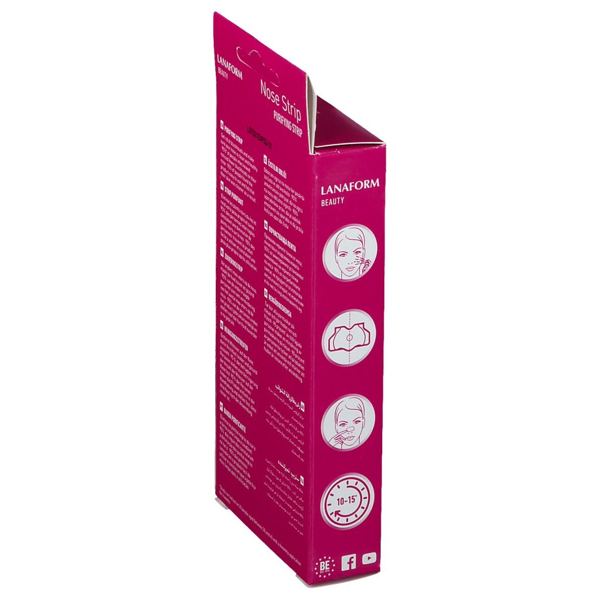 Vue latérale de la boîte Lanaform Nose Strip. Illustrations et texte. Logo et informations sur le produit.