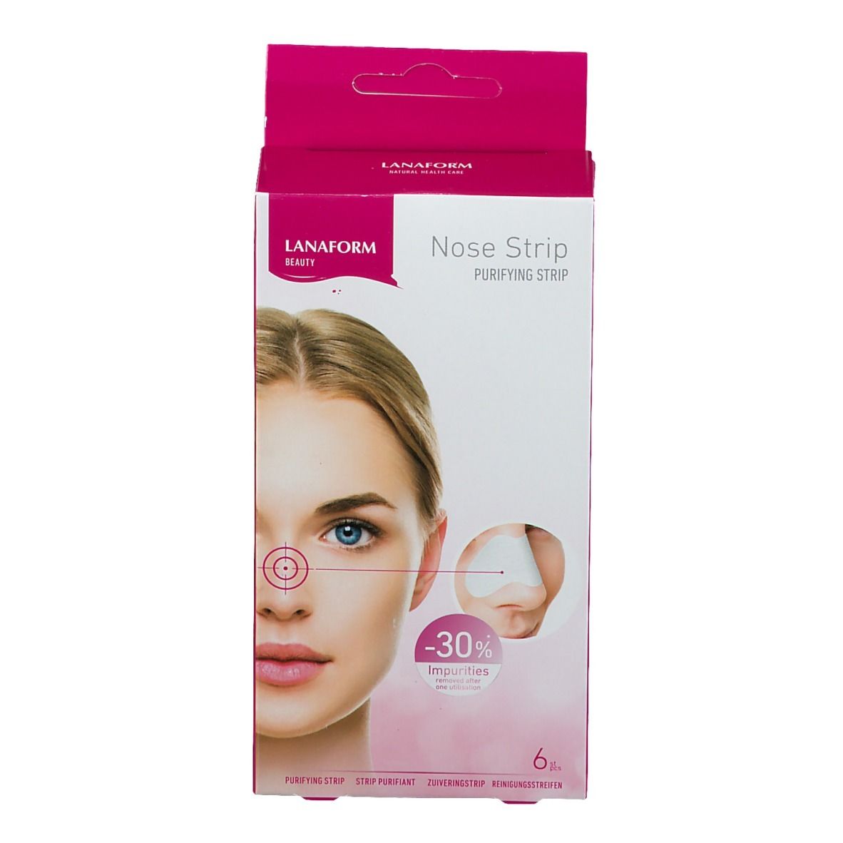 Vue de face de la boîte Lanaform Nose Strip. Inscription : "Nose Strip Purifying Strip". Illustration d'un visage.