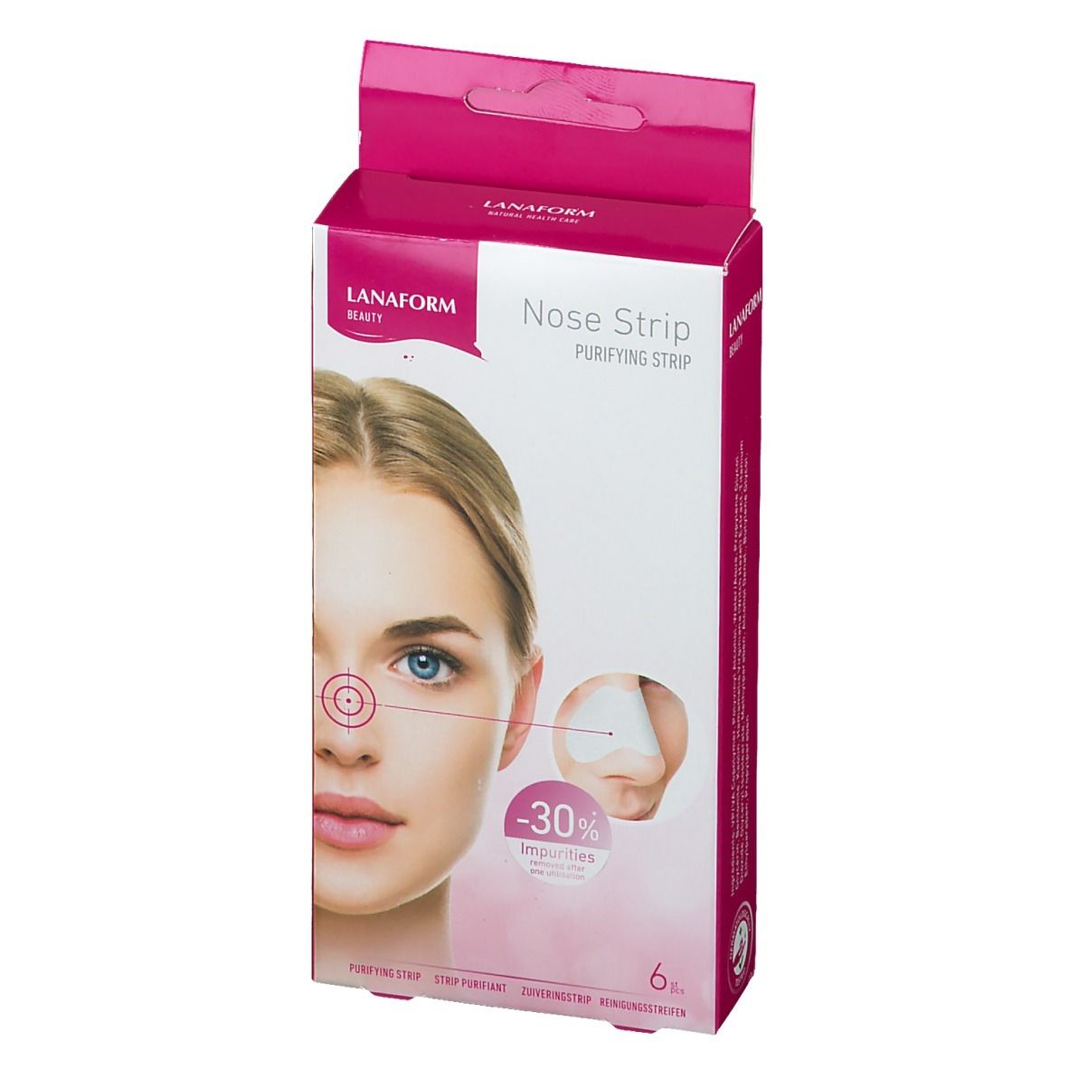 Vue de face de la boîte Lanaform Nose Strip. Inscription : "Nose Strip Purifying Strip". Illustration d'un visage.