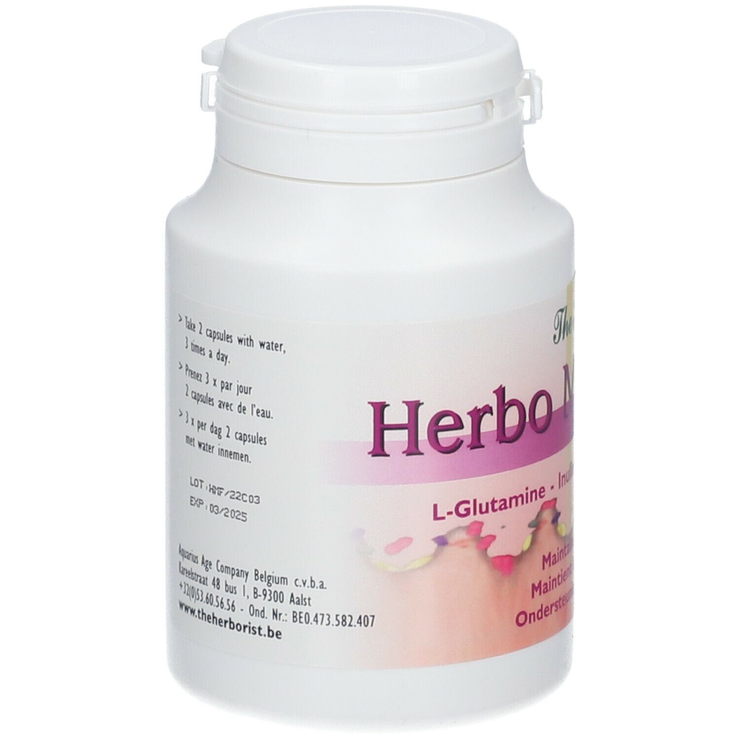 Weiße Flasche Herbo Muco Flora. Enthält L-Glutamin, Inulin, F.O.S. und Shellac. Dosierung: 1 Kapsel mit Wasser, 3x täglich.