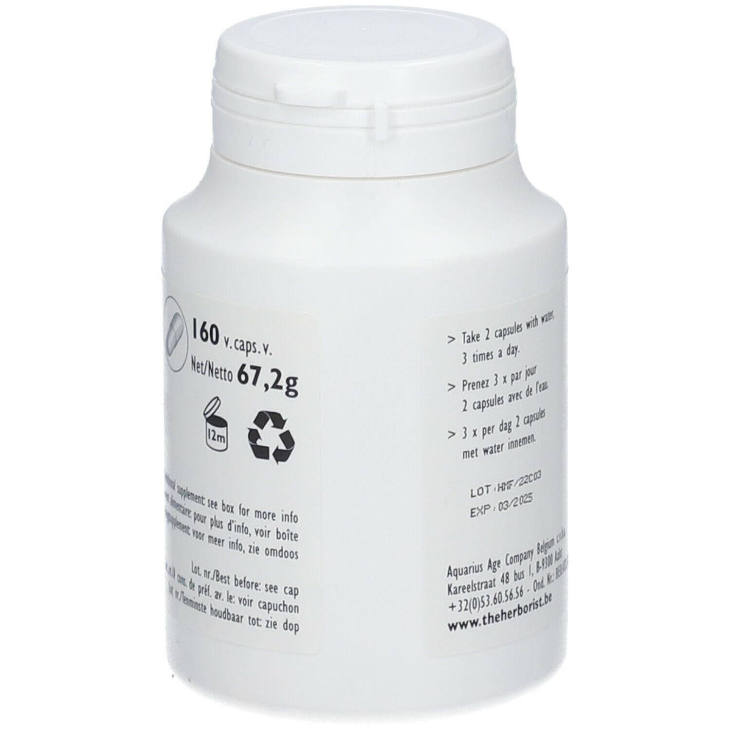 Rückseite einer weißen Flasche. Enthält 160 Kapseln. Nettogewicht 67,2g. Informationen zur Anwendung und Haltbarkeit.