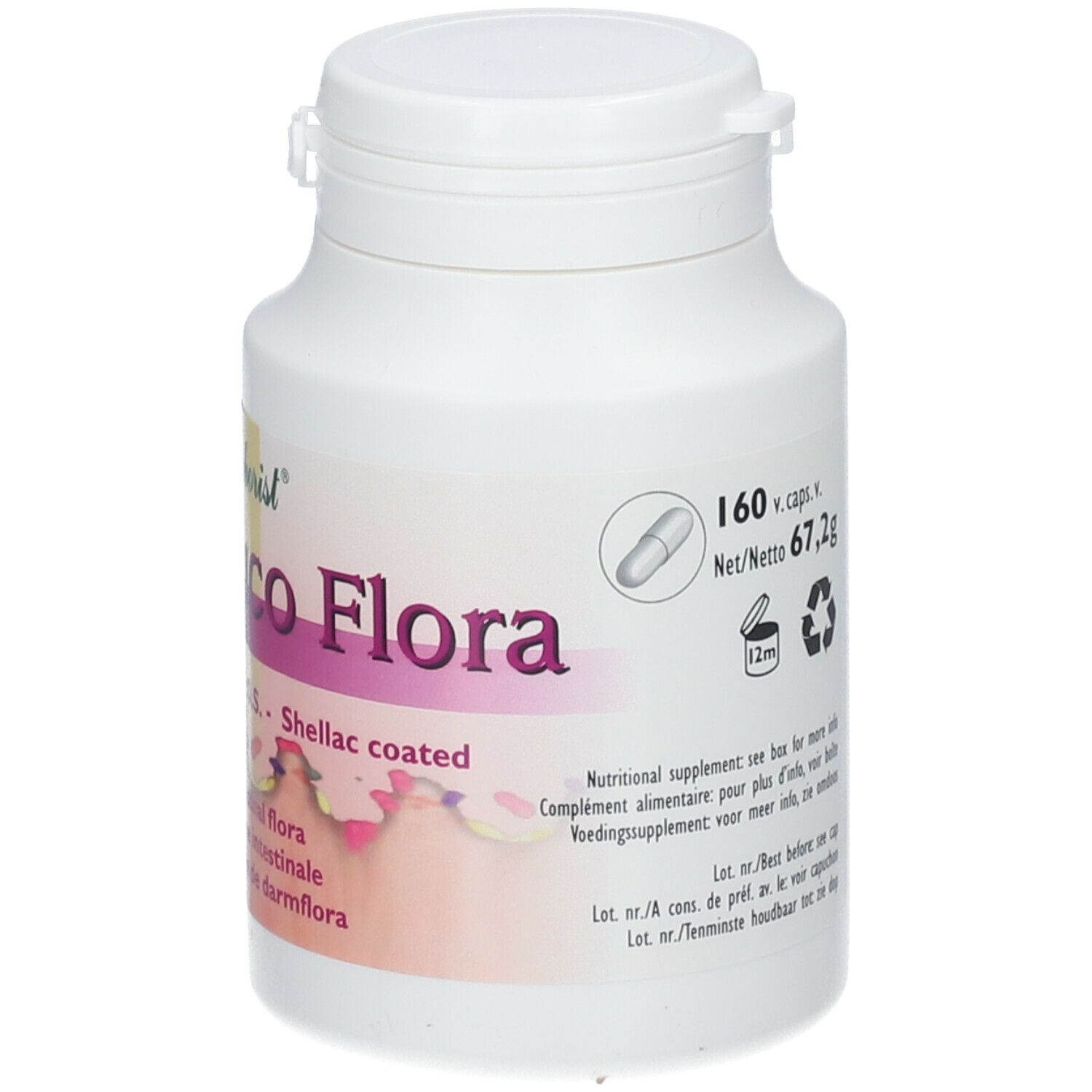 Weiße Flasche mit Herbo Muco Flora-Etikett. Enthält 160 Kapseln. L-Glutamin, Inulin, F.O.S. und Shellac.