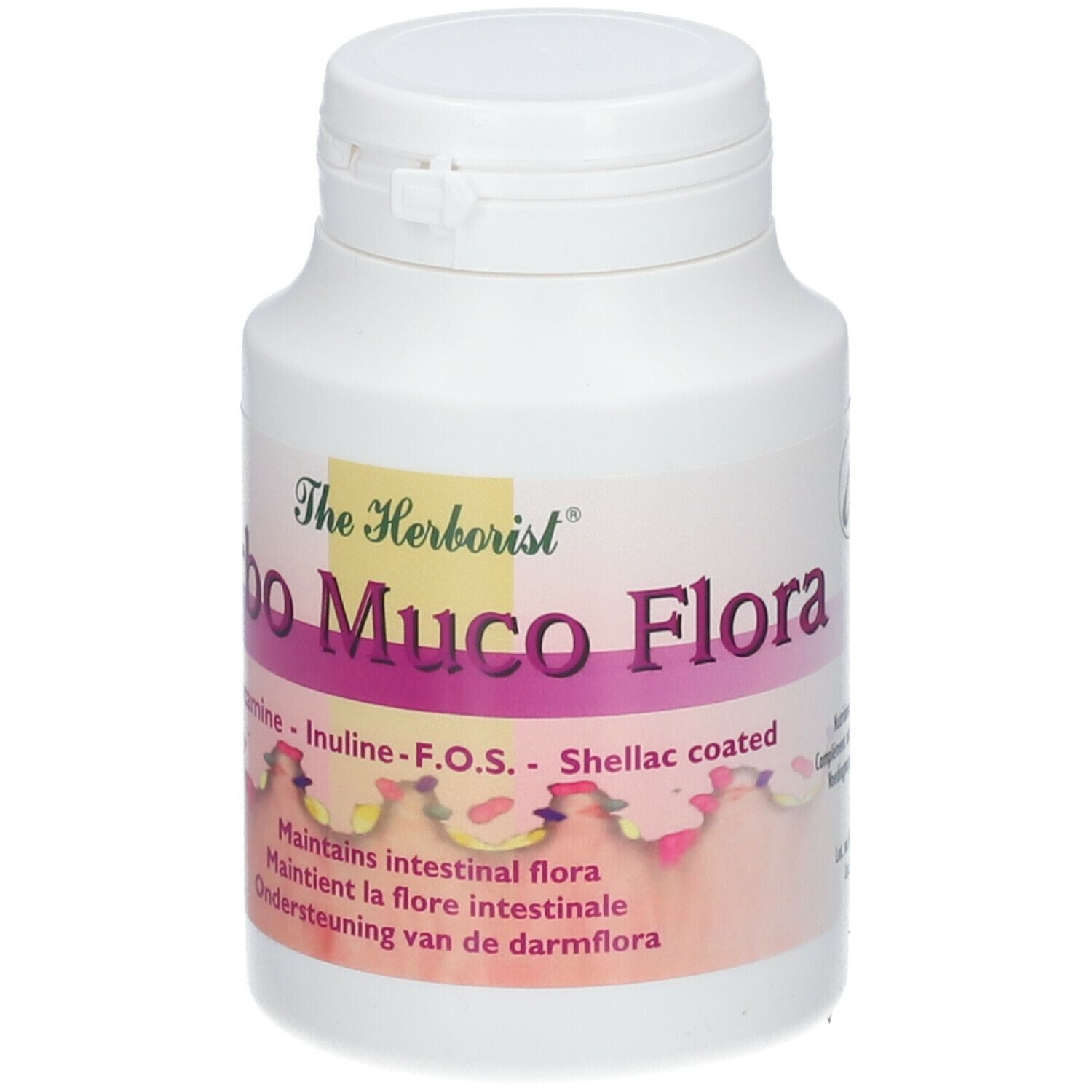 Weiße Flasche mit Herbo Muco Flora-Etikett. Enthält L-Glutamin, Inulin, F.O.S. und Shellac. Unterstützt die Darmflora.
