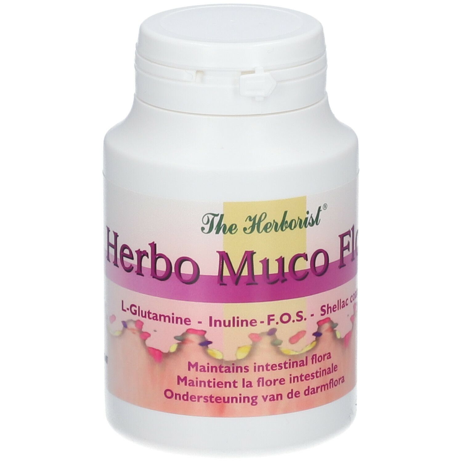 Weiße Flasche mit Herbo Muco Flora-Etikett. Enthält L-Glutamin, Inulin, F.O.S. und Shellac. Unterstützt die Darmflora.