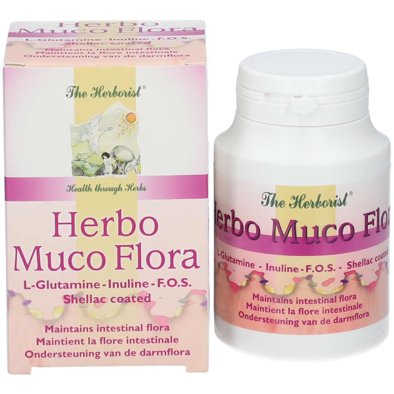 Herbo Muco Flora-Produkt mit Verpackung. Enthält L-Glutamin, Inulin, F.O.S. und Shellac. Unterstützt die Darmflora.