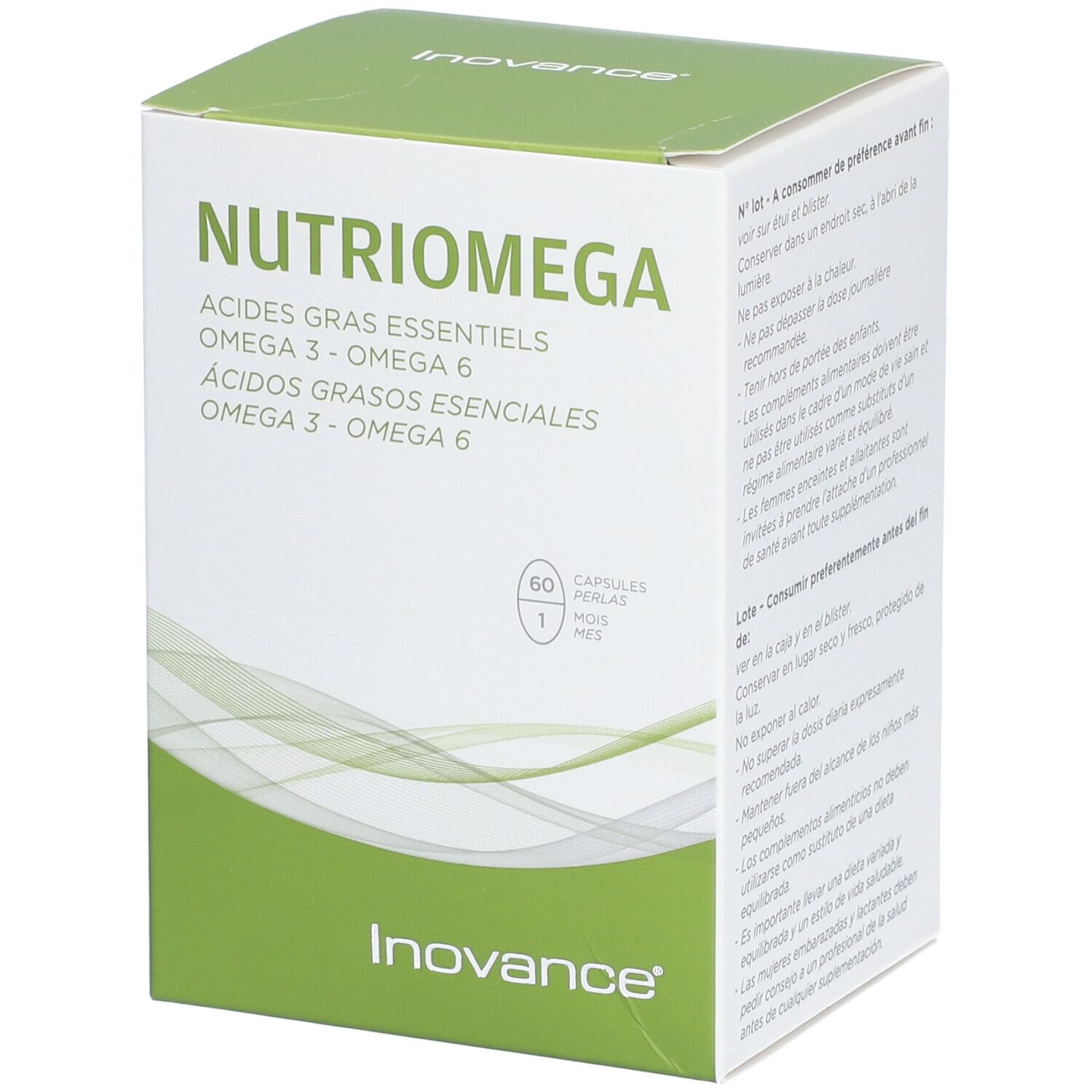 Boîte Inovance NUTRIOMEGA. Contient 60 capsules. Inscription: Acides gras essentiels, Omega 3 - Omega 6.