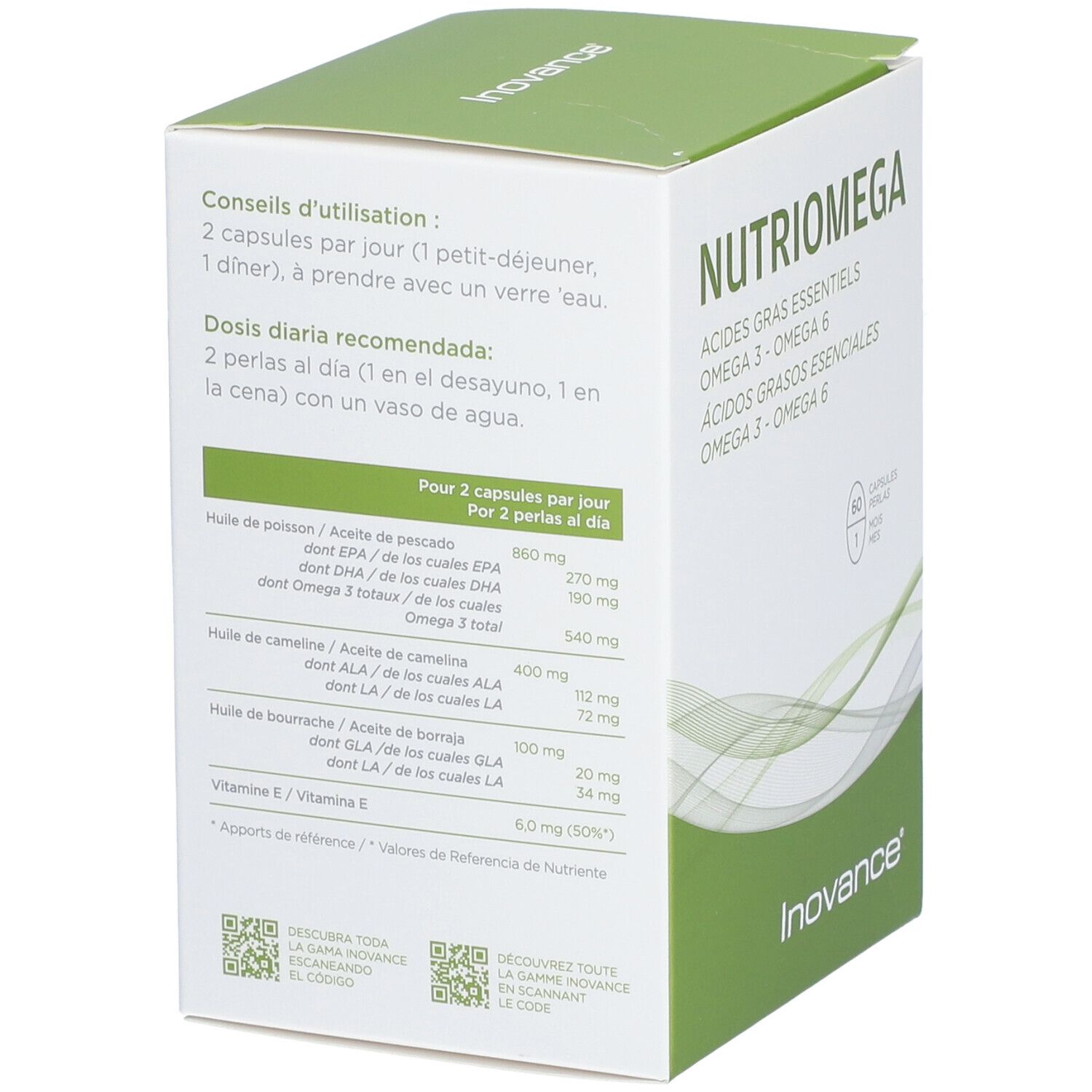 Dos de la boîte Inovance NUTRIOMEGA. Contient des informations d'utilisation et des informations nutritionnelles.