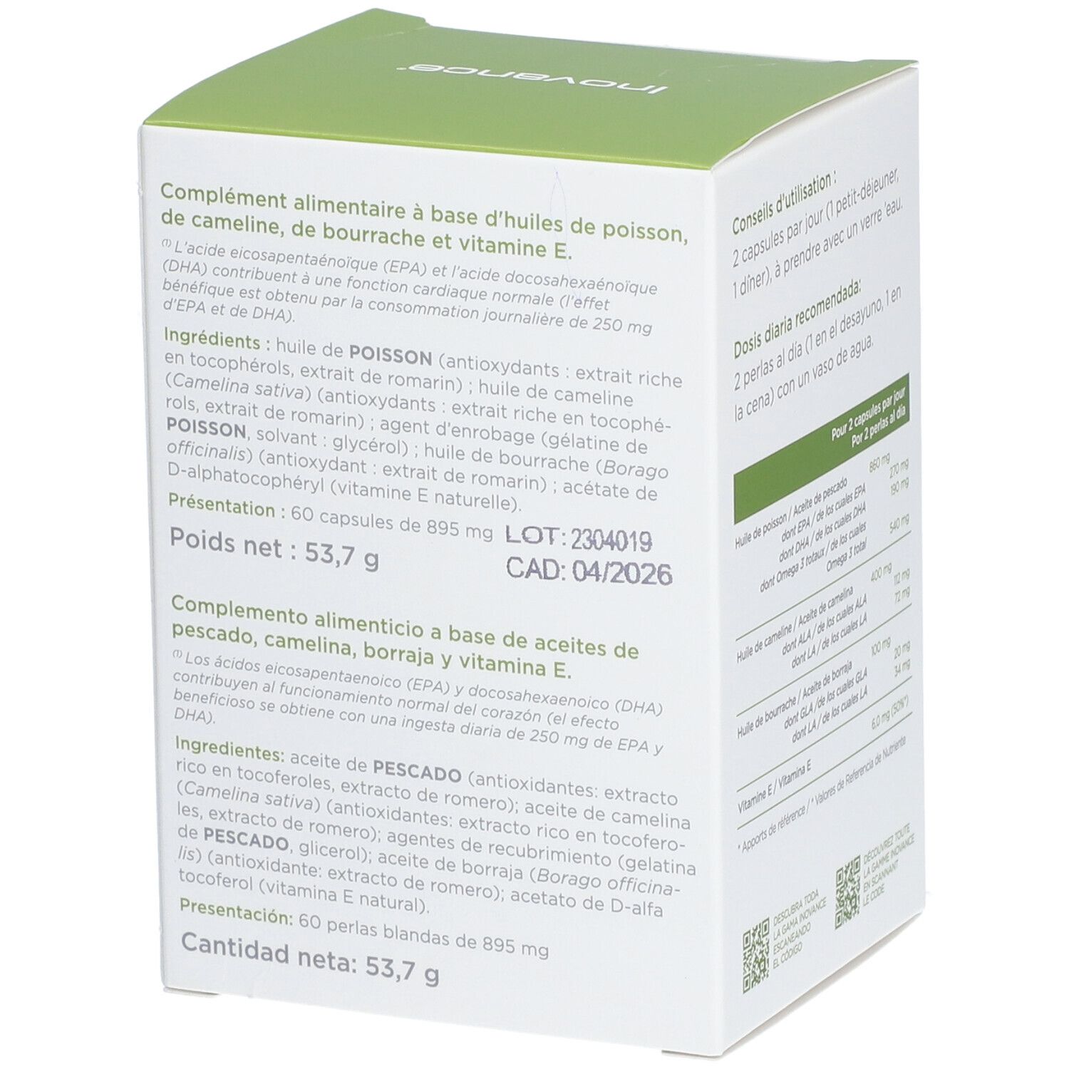 Côté de la boîte Inovance NUTRIOMEGA. Contient les ingrédients et les informations nutritionnelles en français et en espagnol.