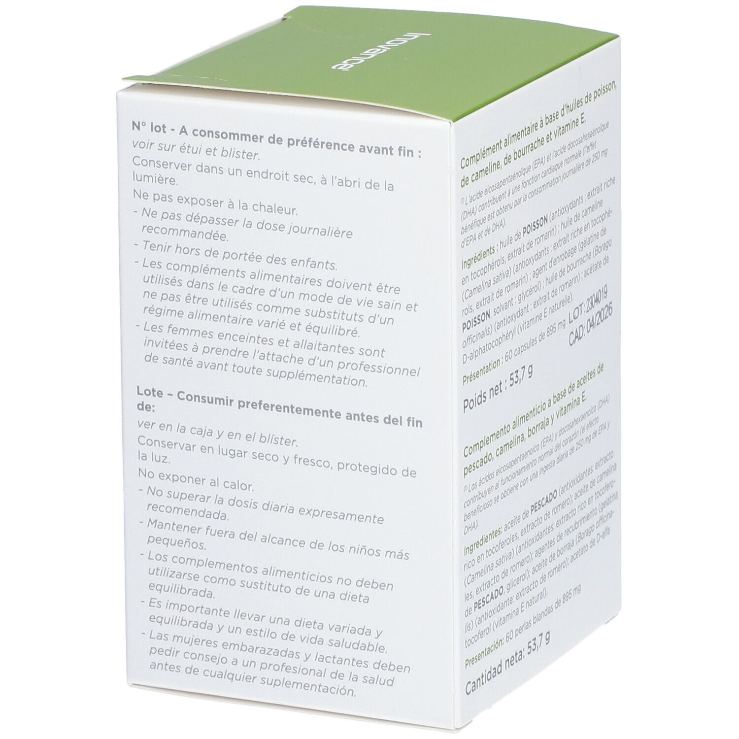Côté de la boîte Inovance NUTRIOMEGA. Contient des informations de stockage et la date de péremption.