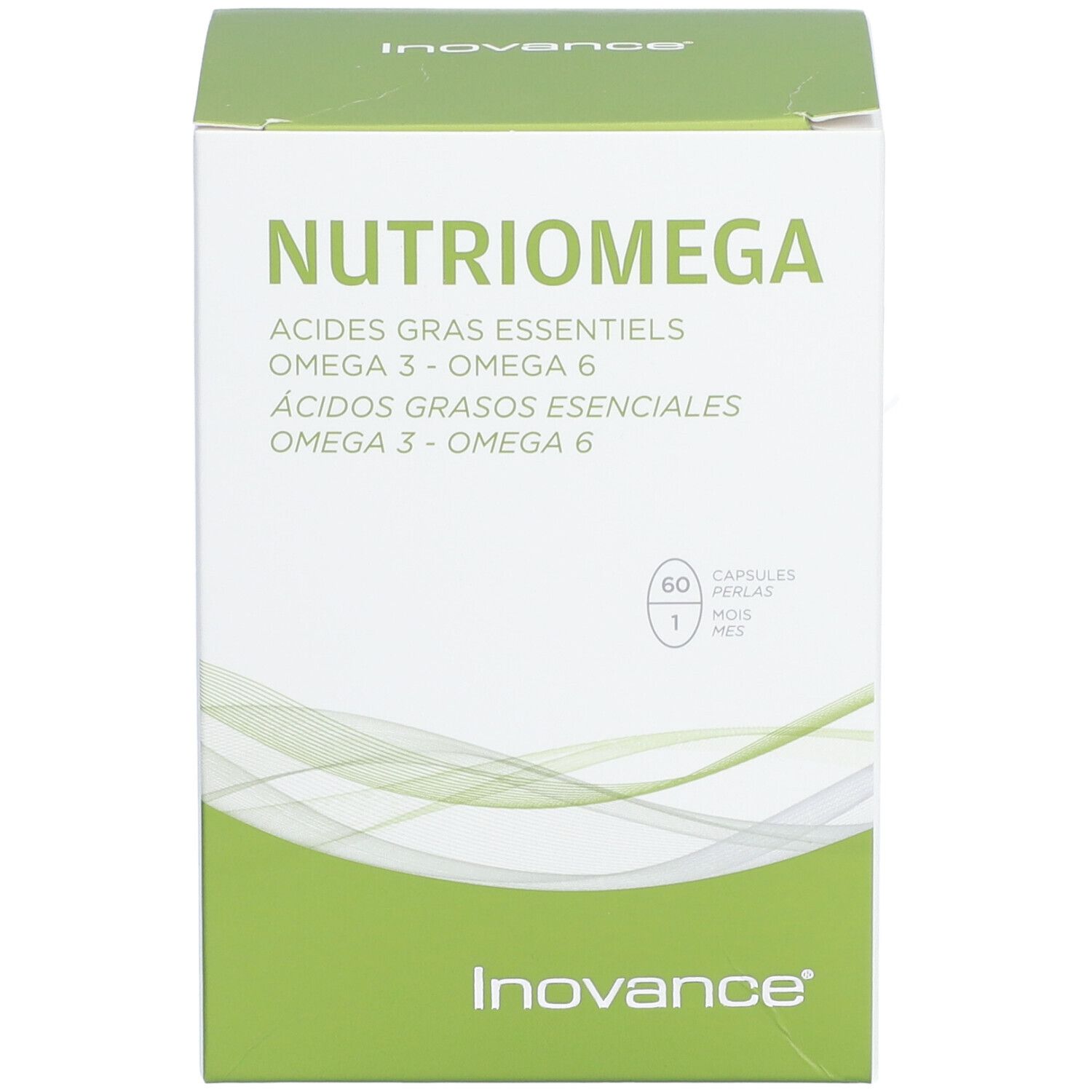 Face avant de la boîte Inovance NUTRIOMEGA. Contient le nom du produit, les ingrédients et le logo.