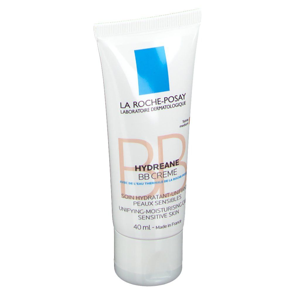 Witte tube La Roche-Posay Hydreane BB Cream. Blauw logo vierkant. Tekst: Hydreane BB Cream, 40 ml, gevoelige huid.