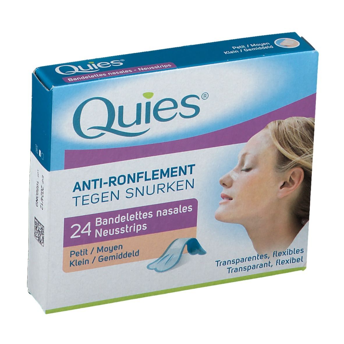 Boîte Quies avec 24 bandelettes nasales. Inscription: Anti-ronflement, Petit/Moyen. Illustration d'un visage féminin et d'un strip.