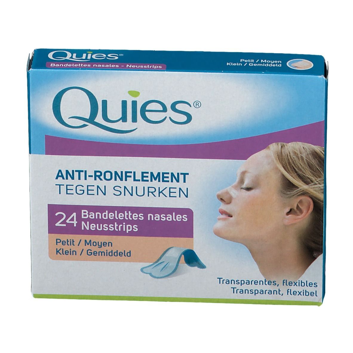 Boîte Quies avec 24 bandelettes nasales. Inscription: Anti-ronflement, Petit/Moyen. Illustration d'un visage féminin et d'un strip.