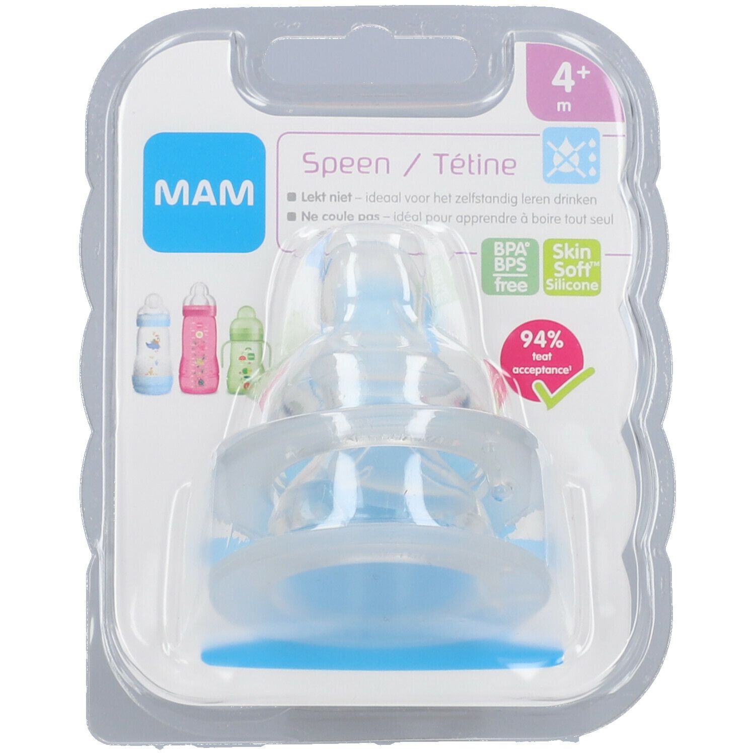 Tétine MAM bleue en blister. Sans BPA/BPS, silicone SkinSoft. Recommandé pour les bébés de 4+ mois.