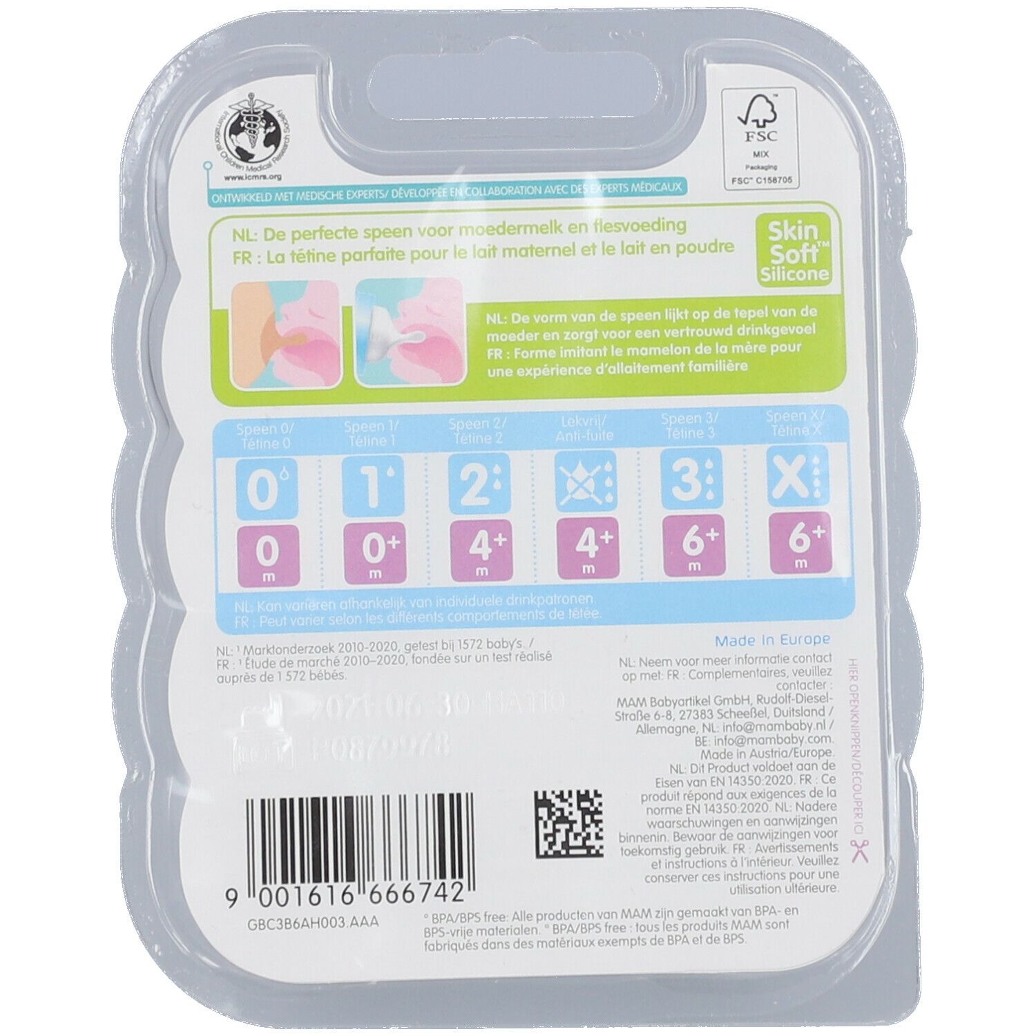 Dos de l'emballage MAM avec informations produit. Contient des informations sur les tailles et certifications.