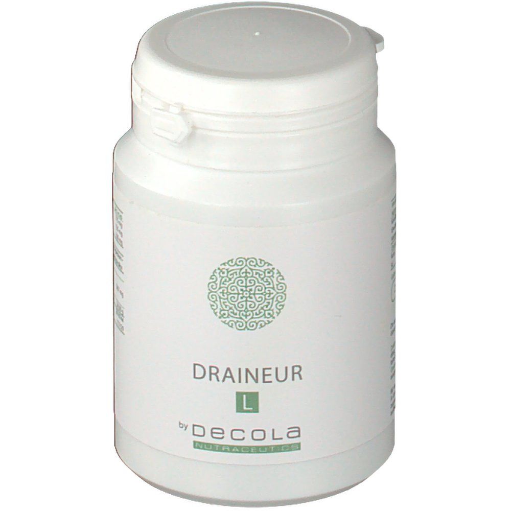 Flacone bianco con coperchio. Scritta: Draineur L by Decola. Logo verde.