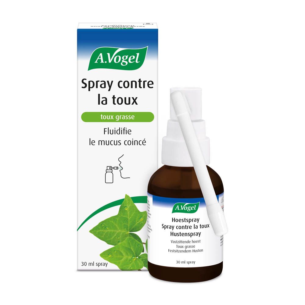 Emballage et flacon. Emballage: A.Vogel Spray contre la toux. Flacon: brun, vaporisateur blanc.