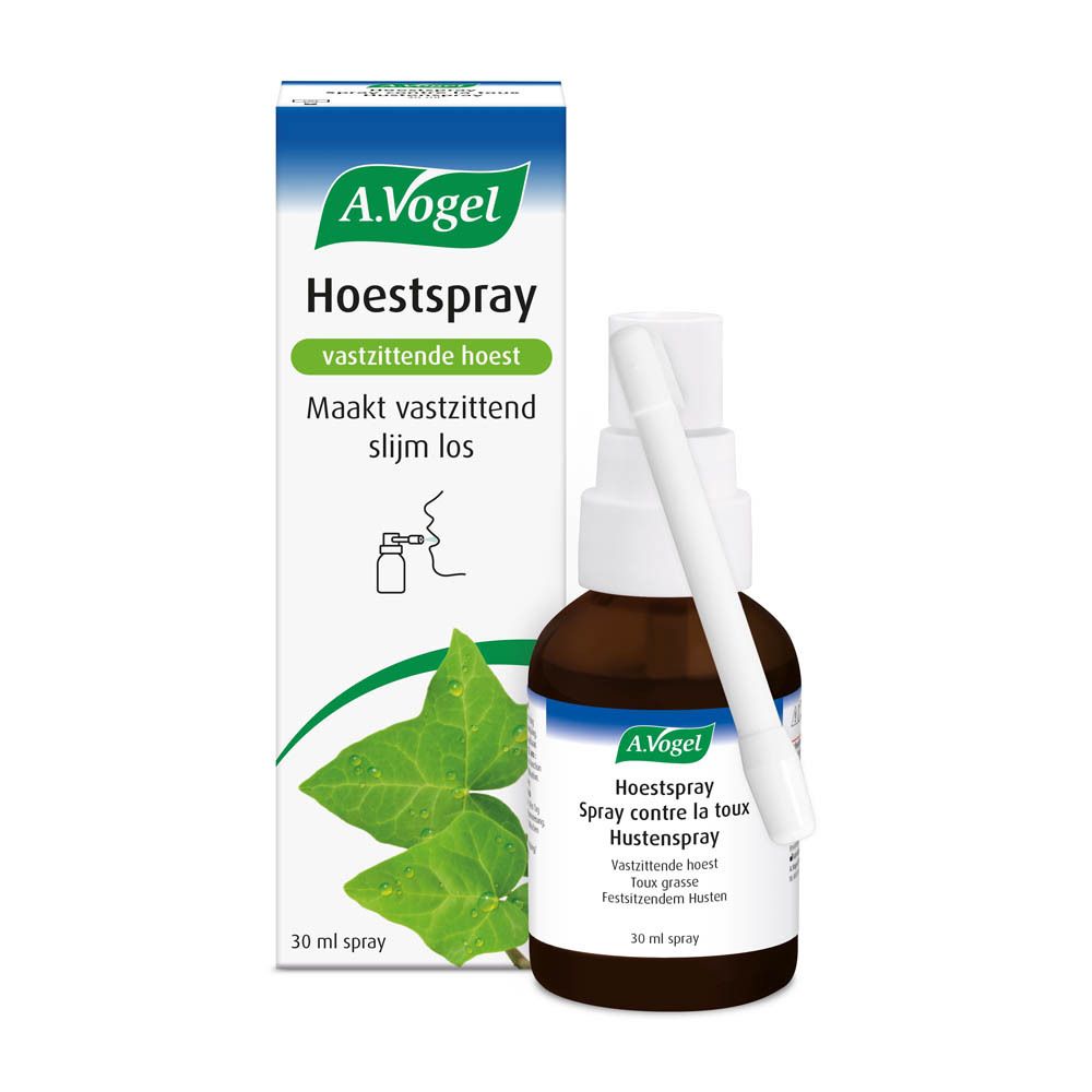 Verpakking en fles. Verpakking: A.Vogel Hoestspray. Fles: bruin, witte spraykop.