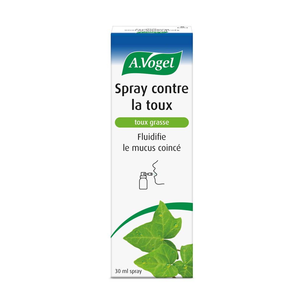 Emballage du produit. Inscription: A.Vogel Spray contre la toux. Emballage vert et blanc avec feuilles de lierre.