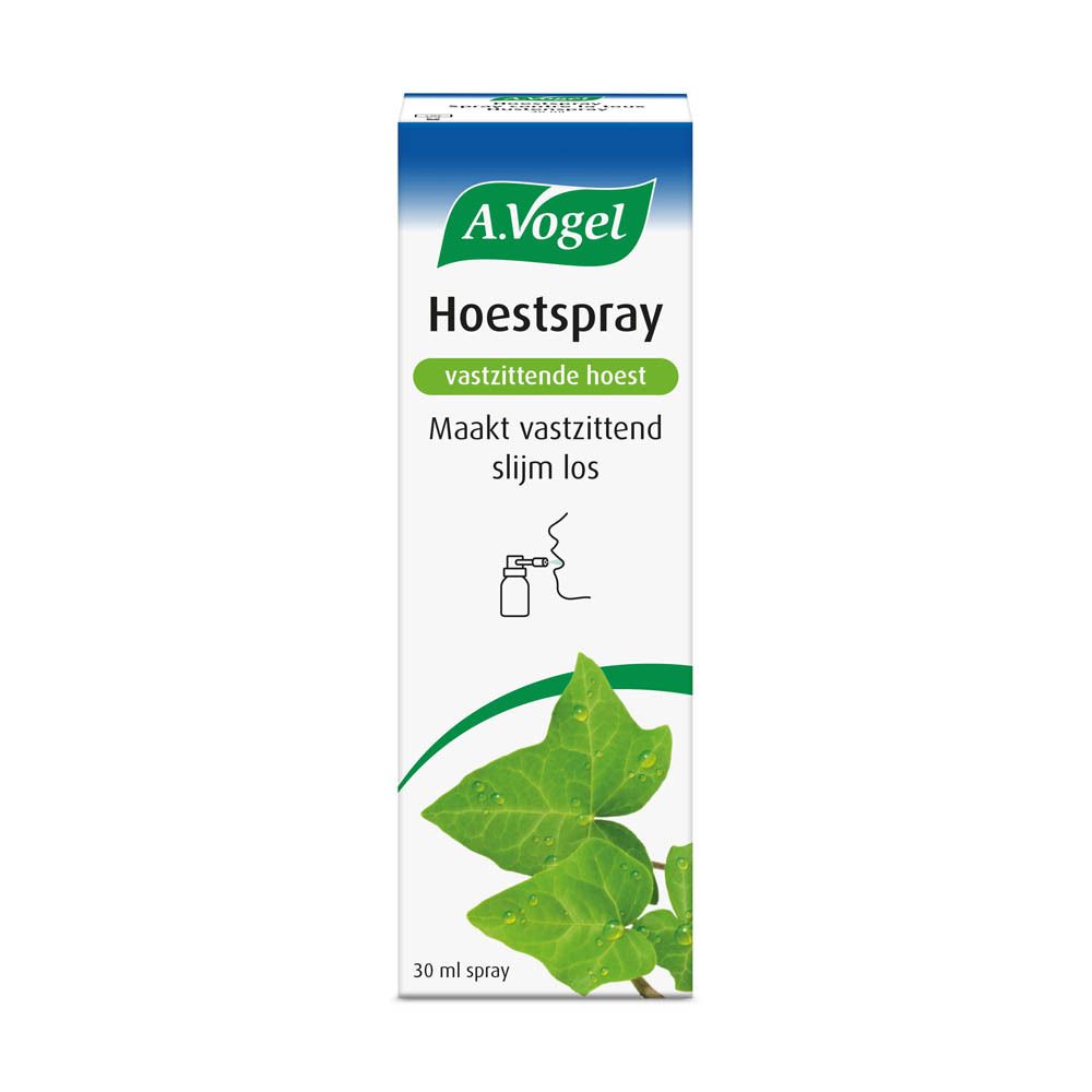 Productverpakking. Opschrift: A.Vogel Hoestspray. Groen-witte verpakking met klimopbladeren.
