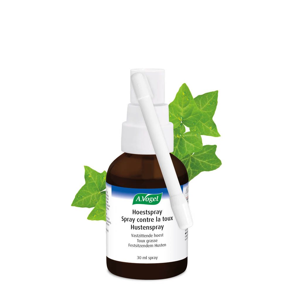 Flacon brun avec vaporisateur blanc et feuilles de lierre. Inscription: A.Vogel Hoestspray, Hustenspray.