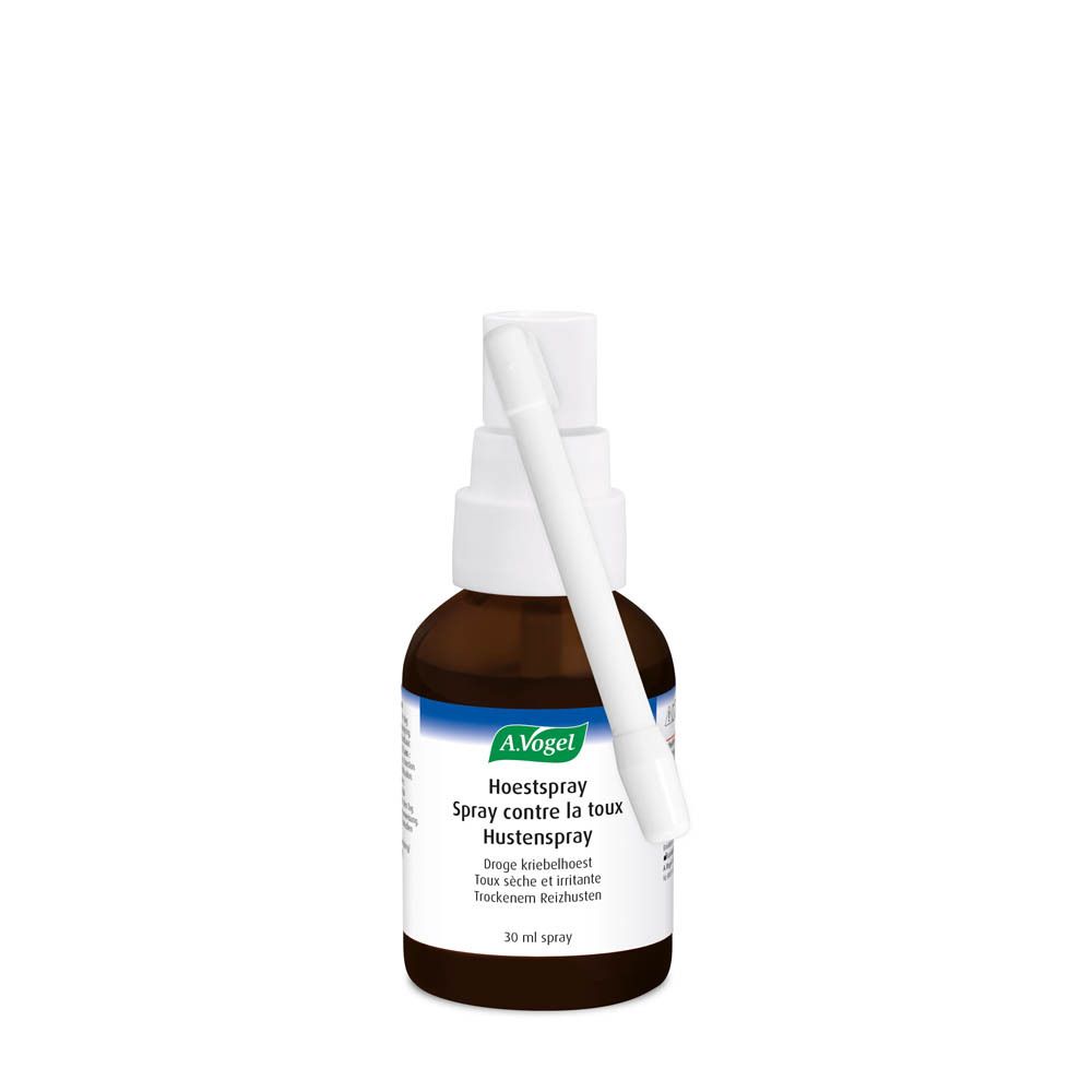 Flacon spray brun avec applicateur blanc. Inscriptions: A. Vogel, Spray contre la toux, Hoestspray. 30 ml.