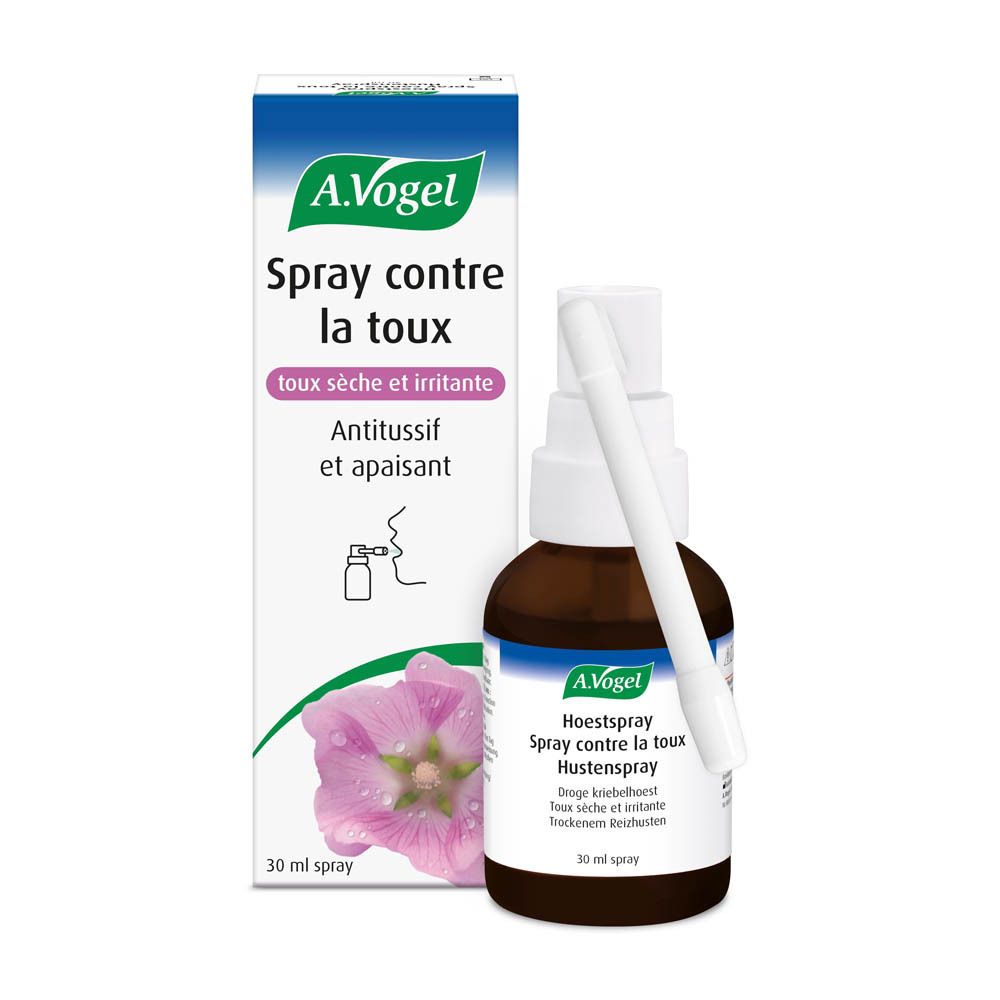Emballage et flacon spray. Inscriptions: A. Vogel, Spray contre la toux. Flacon: Hoestspray. 30 ml.