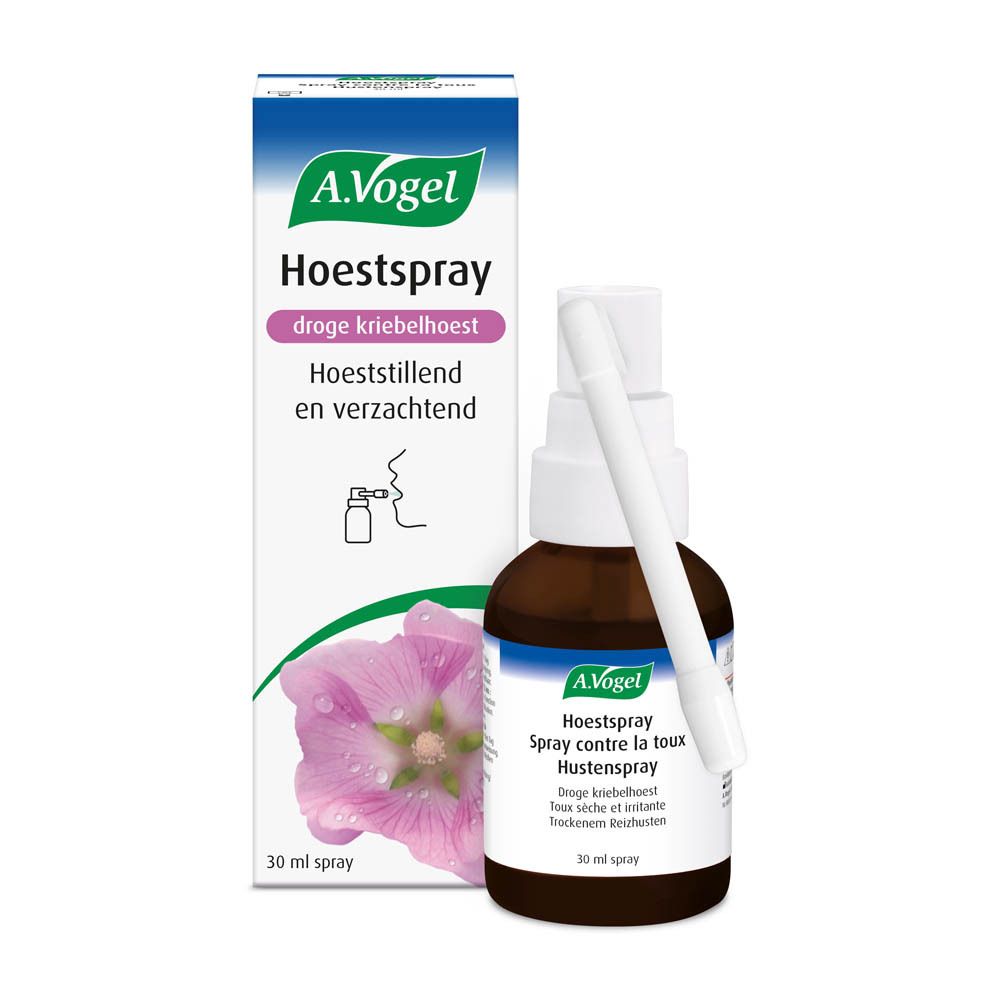 Verpakking en sprayfles. Opschrift: A. Vogel, Hoestspray. Fles: Hoestspray. 30 ml.