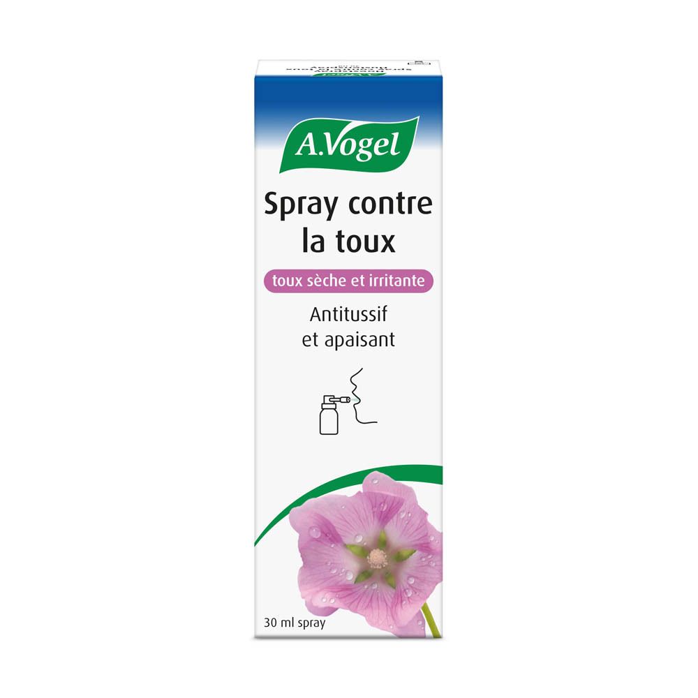 Emballage avec inscriptions: A. Vogel, Spray contre la toux. 30 ml. Illustration d'une fleur.