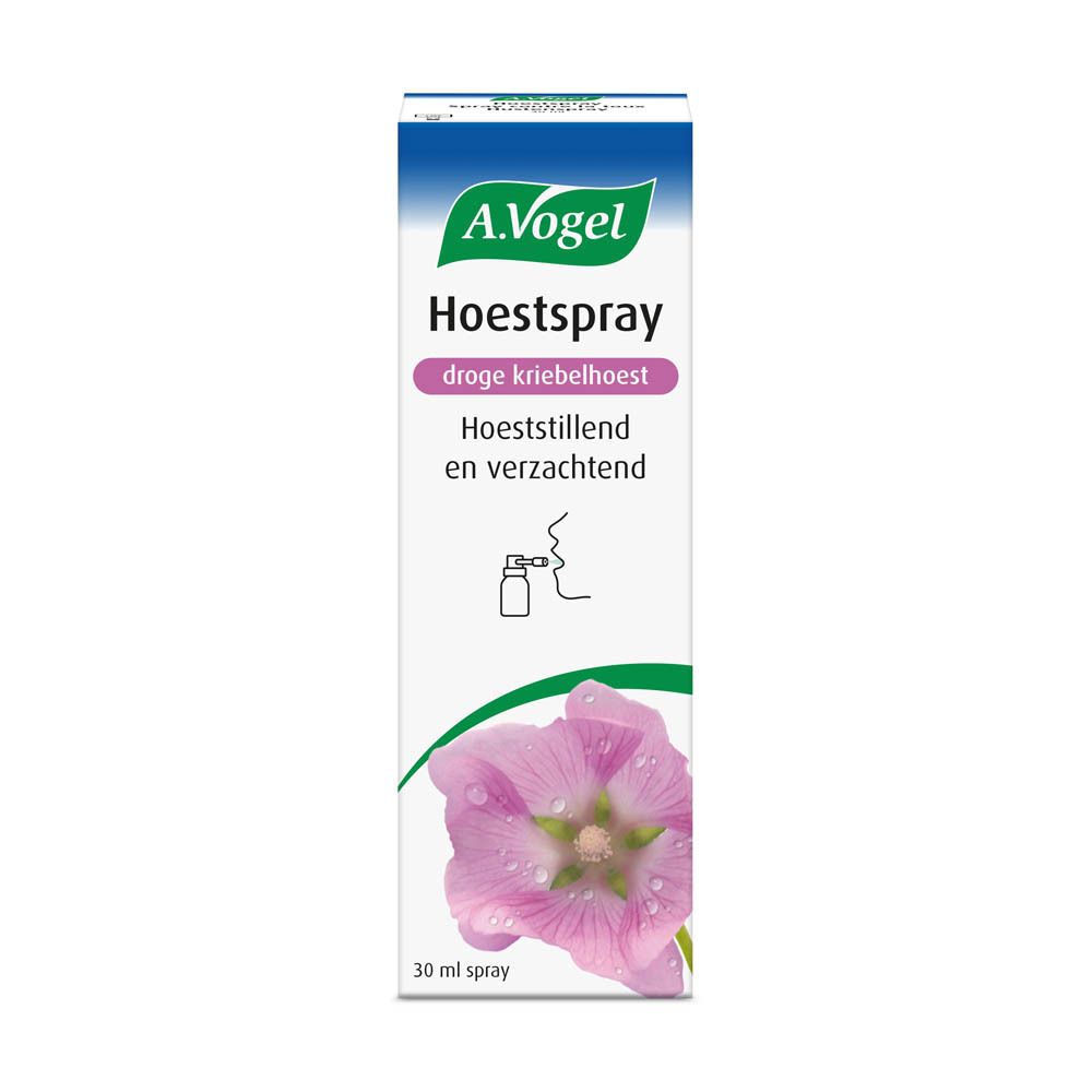 Verpakking met opschrift: A. Vogel, Hoestspray. 30 ml. Afbeelding van een bloem.
